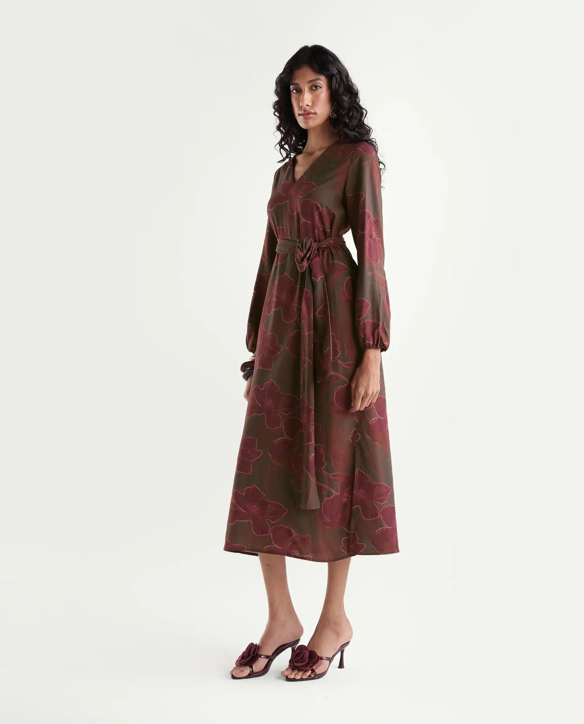 Rareism Womens Huke Dark Olive Viscose Tie-Up A-Line Abstract Print Dress