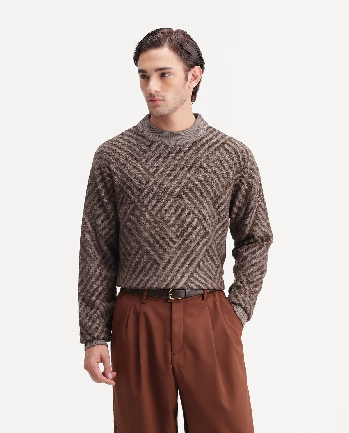 Rare Rabbit Mens Zirl Dusky Brown Acrylic Pull-On Regular Jacquard Sweater