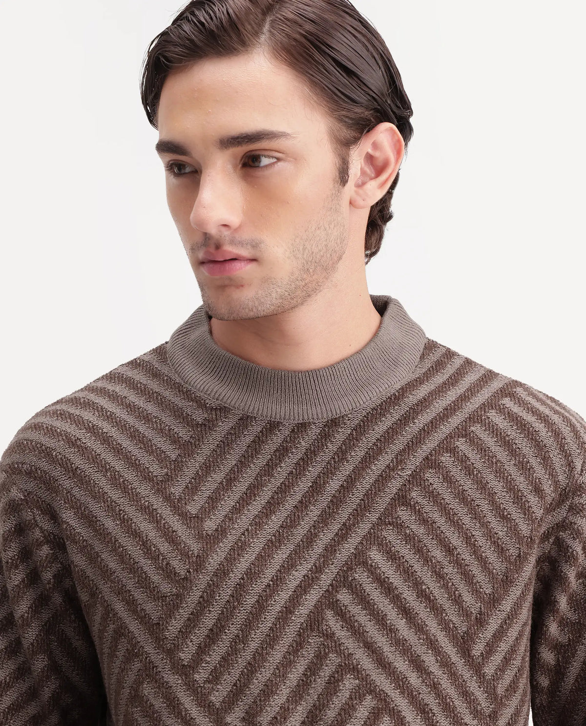 Rare Rabbit Mens Zirl Dusky Brown Acrylic Pull-On Regular Jacquard Sweater