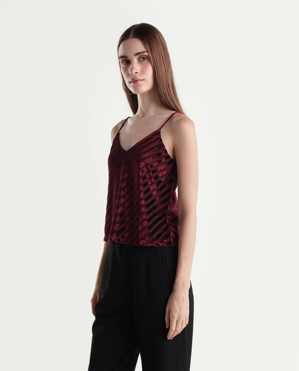 Rareism Womens Xaloni-T Dark Maroon Polyester Blend V-Neck Regular Striped Top