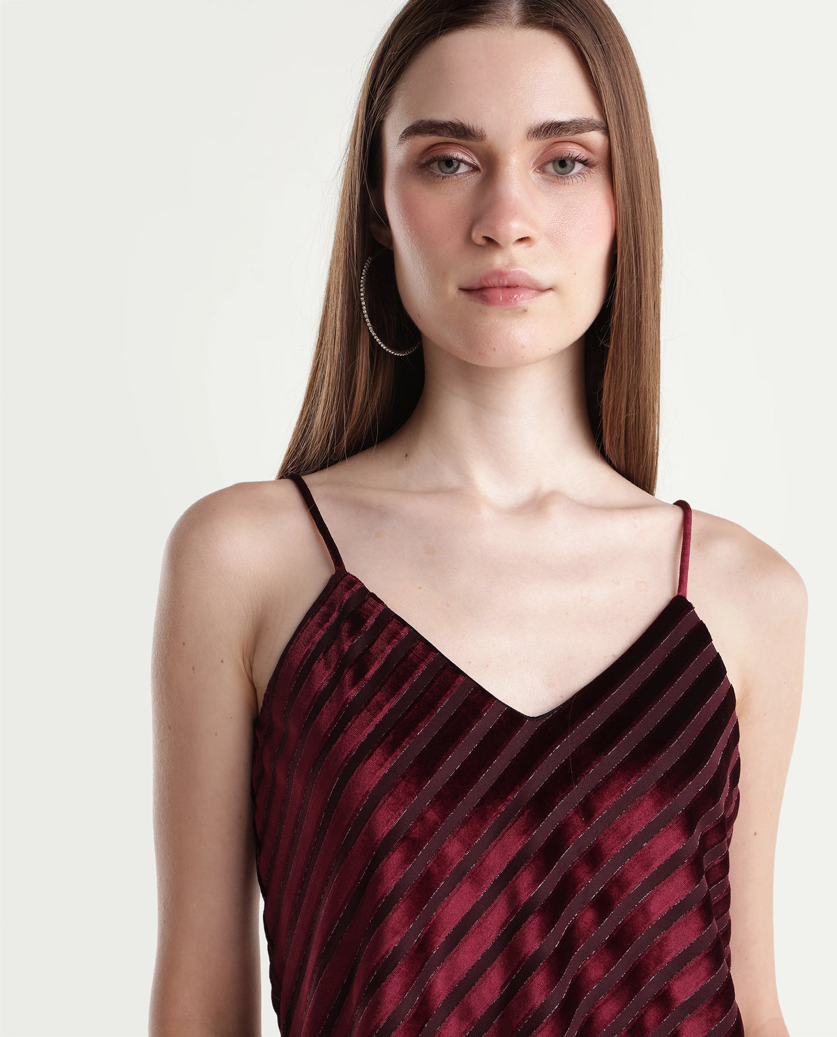 Rareism Womens Xaloni-T Dark Maroon Polyester Blend V-Neck Regular Striped Top