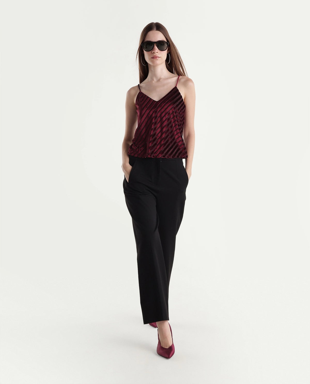 Rareism Womens Xaloni-T Dark Maroon Polyester Blend V-Neck Regular Striped Top