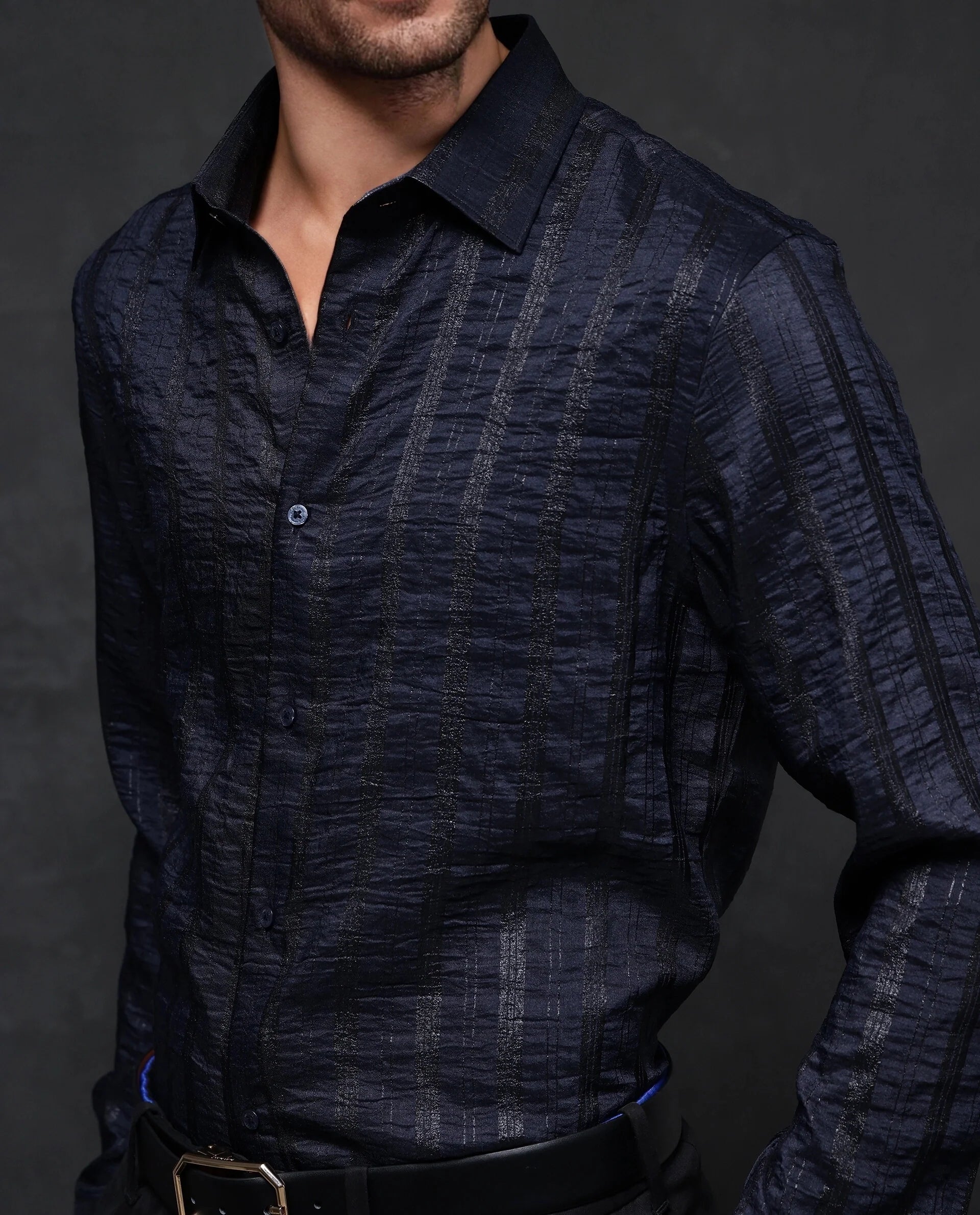 Rare Rabbit Men Runek-2 Dark Navy Full Sleeve Premium Regular Fit Lurex Stripe Shirt