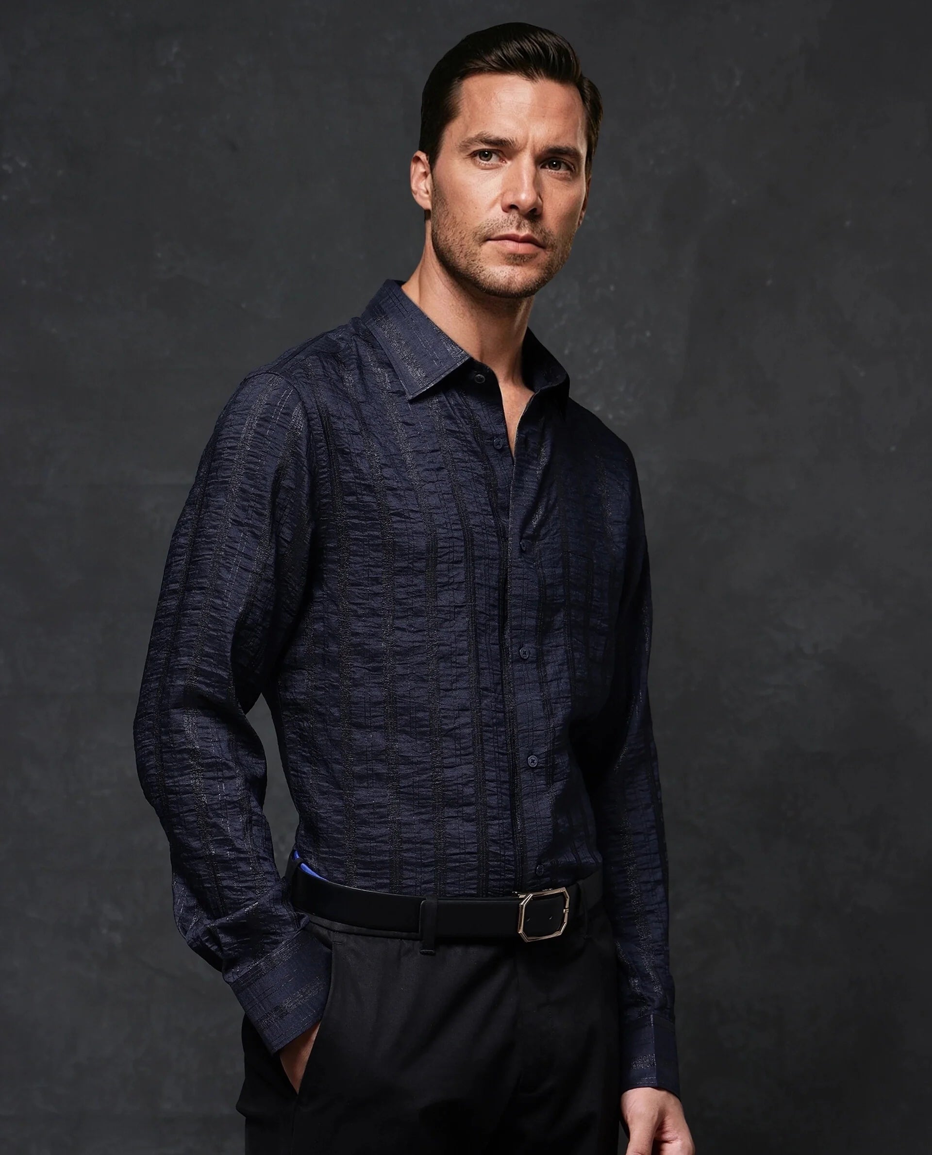 Rare Rabbit Men Runek-2 Dark Navy Full Sleeve Premium Regular Fit Lurex Stripe Shirt