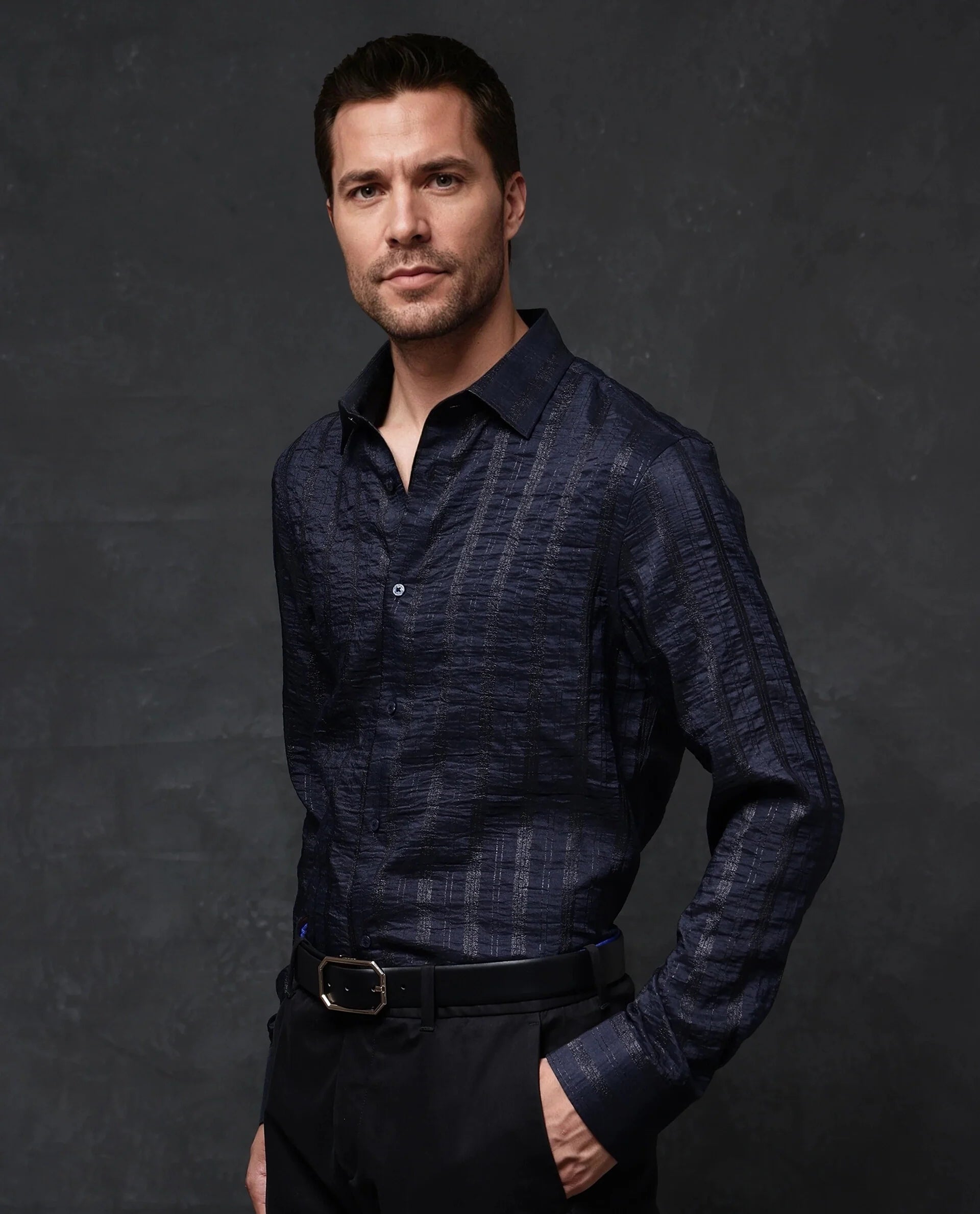 Rare Rabbit Men Runek-2 Dark Navy Full Sleeve Premium Regular Fit Lurex Stripe Shirt