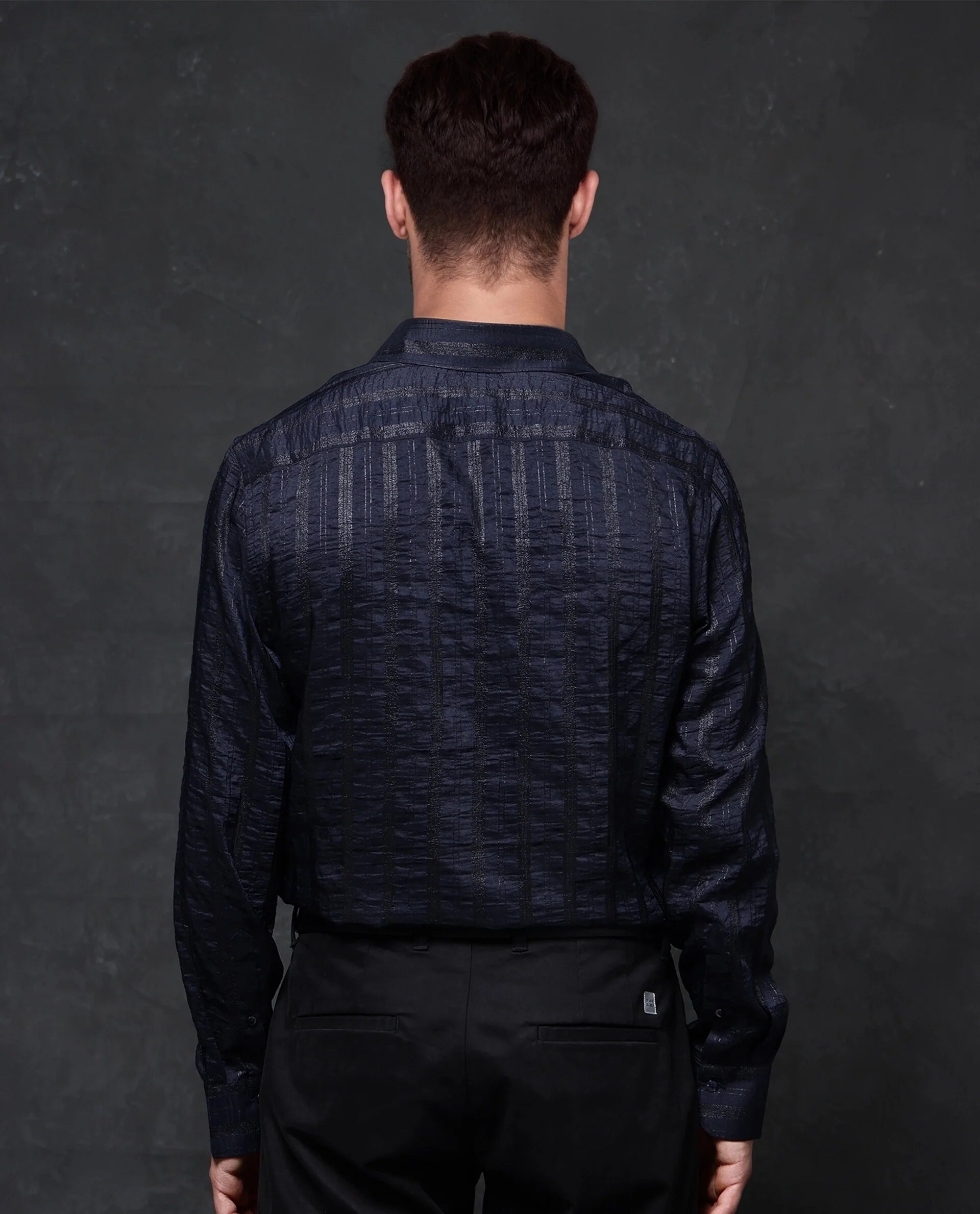 Rare Rabbit Men Runek-2 Dark Navy Full Sleeve Premium Regular Fit Lurex Stripe Shirt