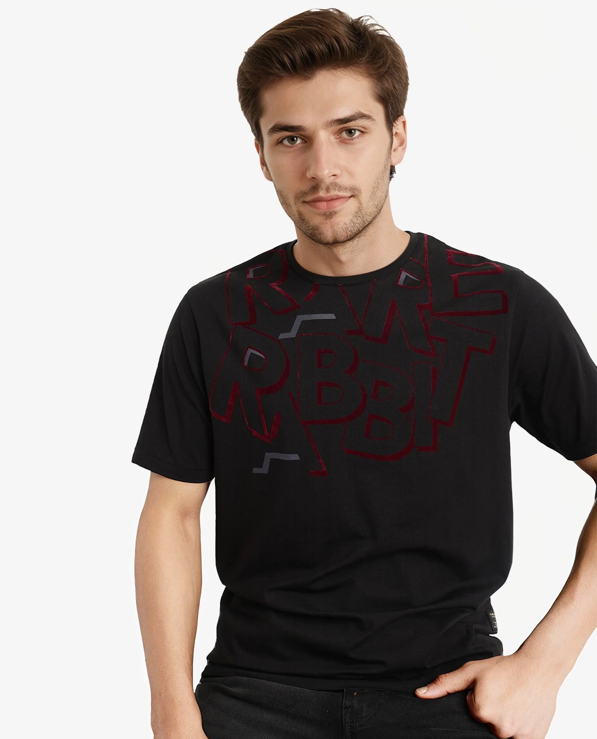 Rare Rabbit Men Runi Black Cotton Lycra Fabric Short Sleeve Crew Neck Regular Fit Graphic Flock Print T-Shirt