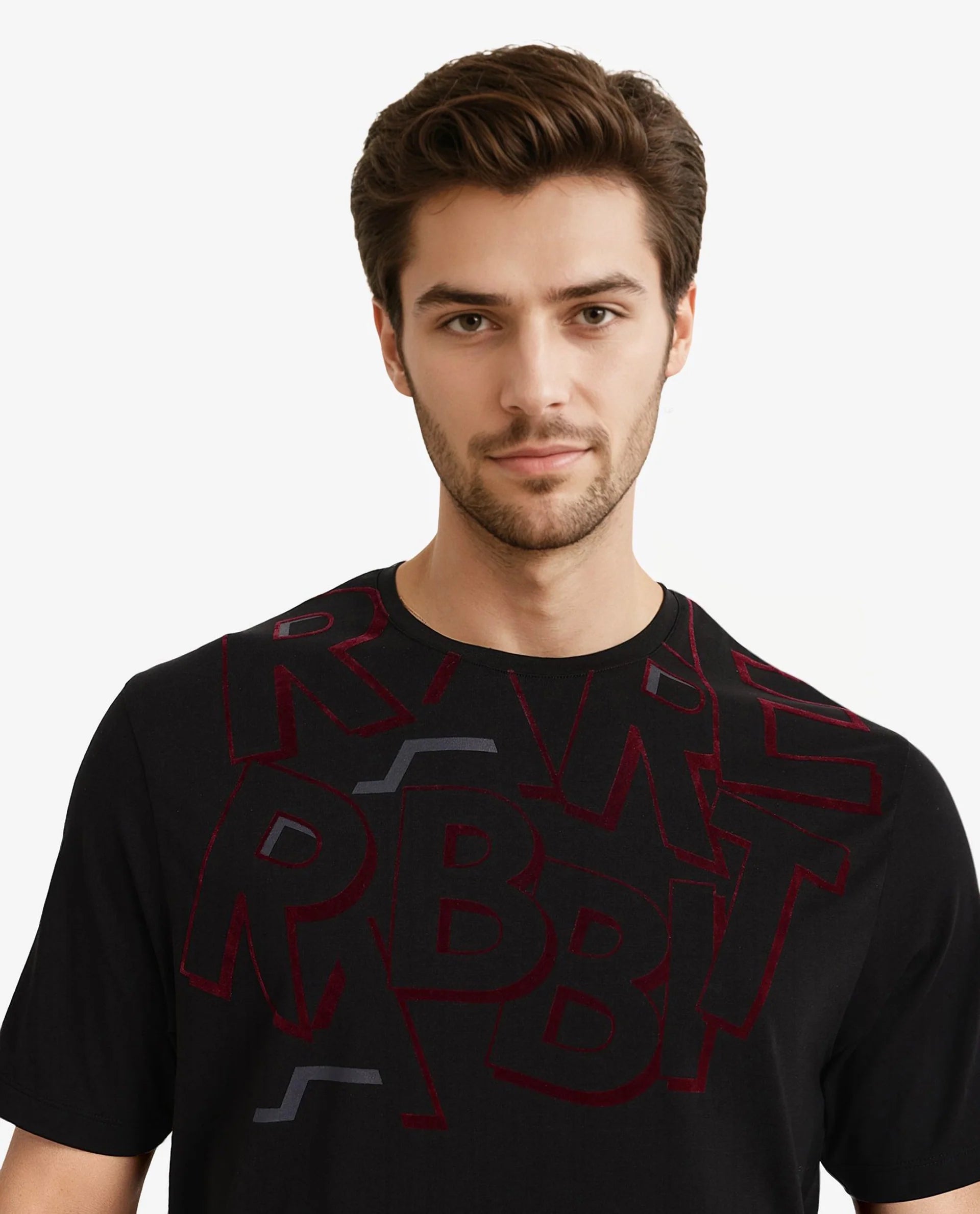 Rare Rabbit Men Runi Black Cotton Lycra Fabric Short Sleeve Crew Neck Regular Fit Graphic Flock Print T-Shirt