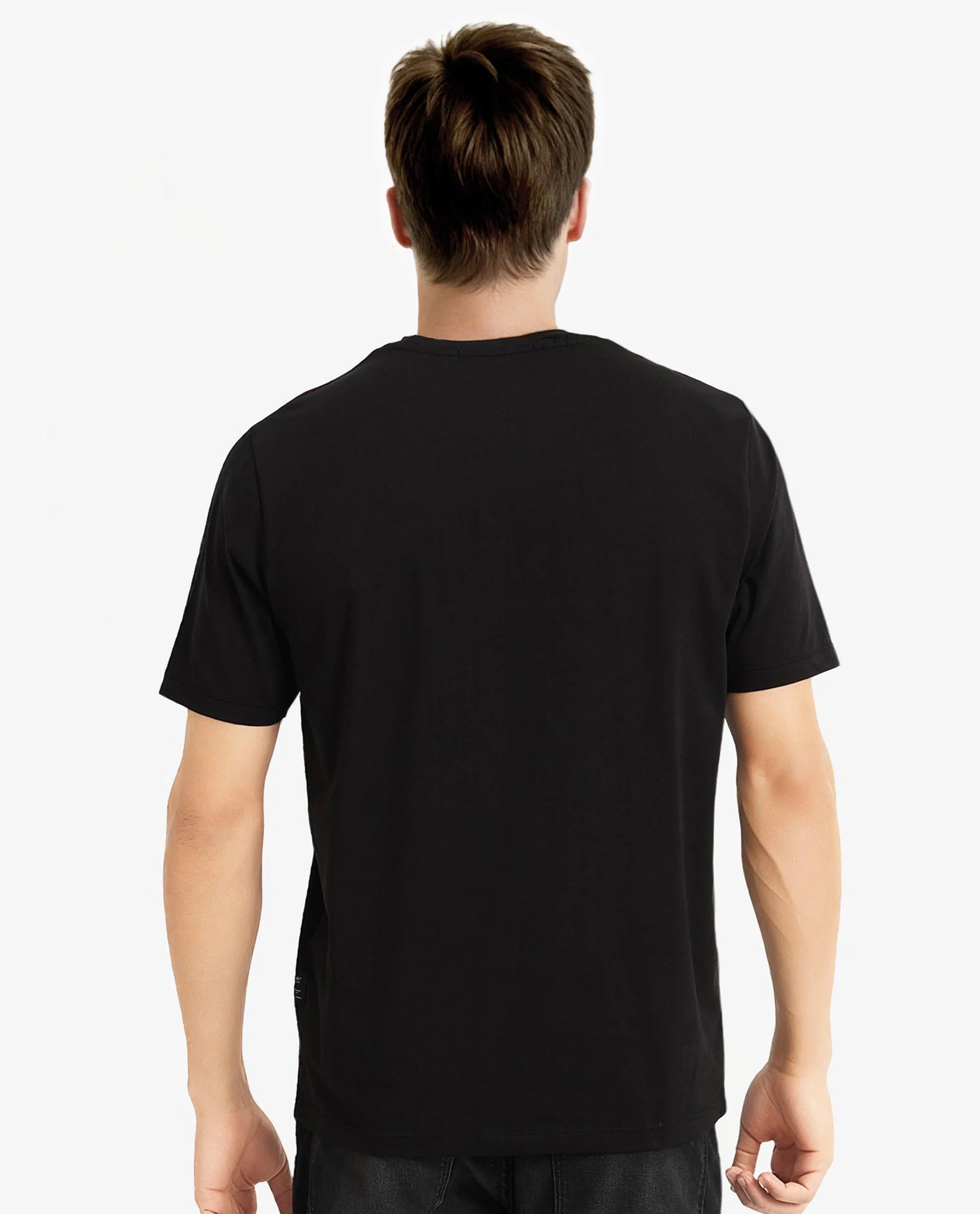 Rare Rabbit Men Runi Black Cotton Lycra Fabric Short Sleeve Crew Neck Regular Fit Graphic Flock Print T-Shirt