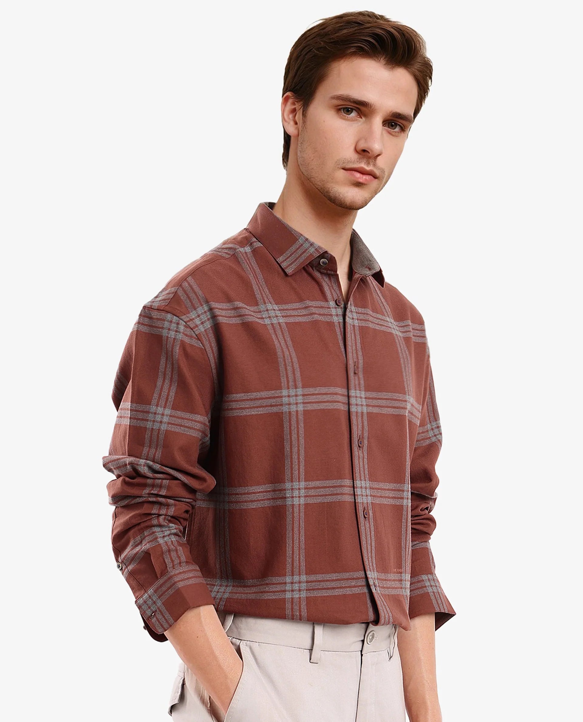 Rare Rabbit Men Russ Dark Brown Full Sleeve Regular Collar Button Closure Regular Fit Checks Shirt