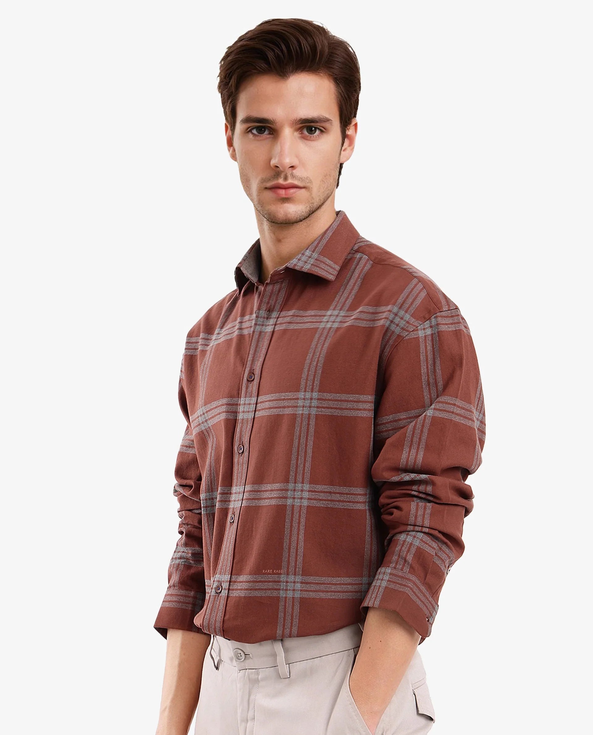 Rare Rabbit Men Russ Dark Brown Full Sleeve Regular Collar Button Closure Regular Fit Checks Shirt