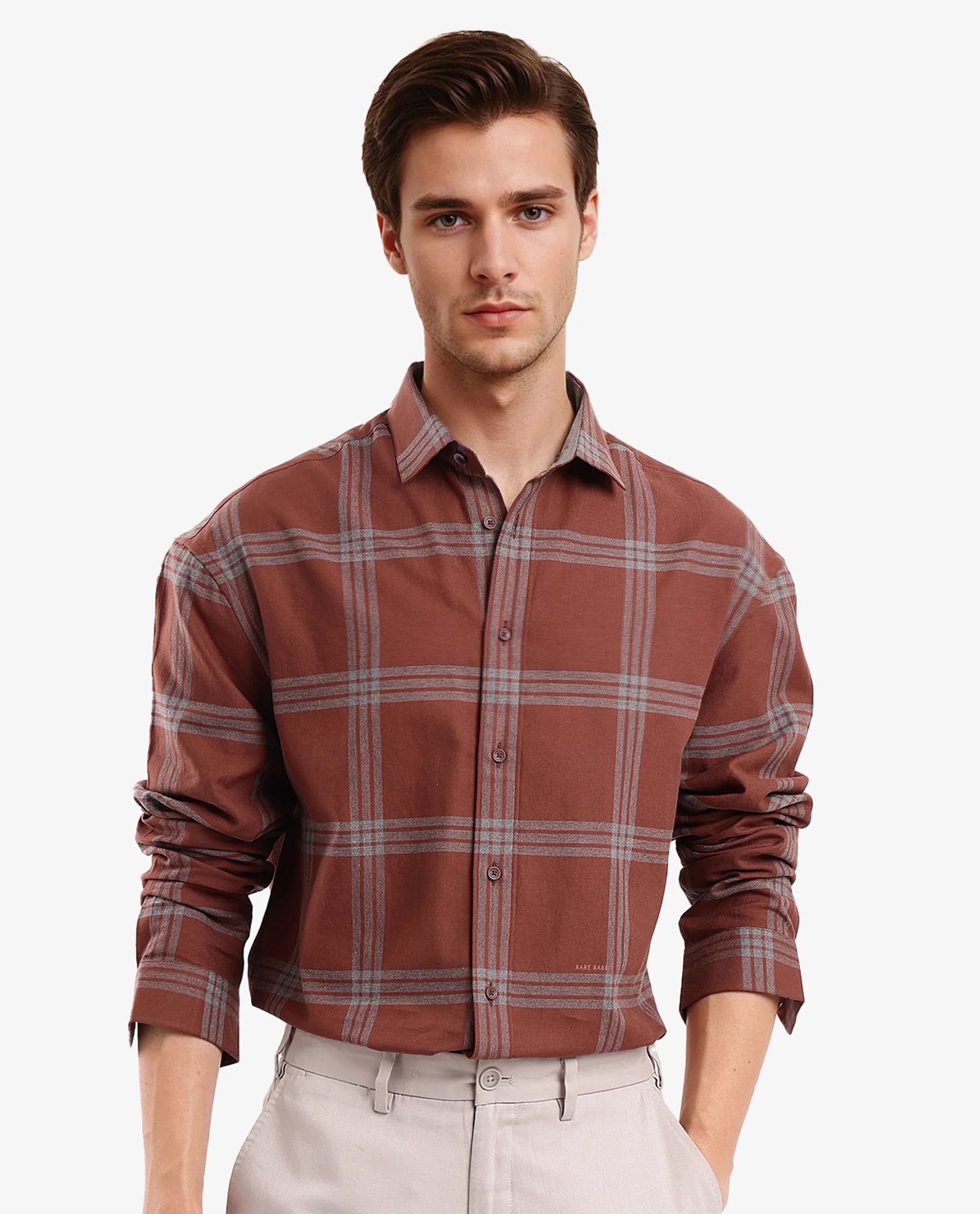Rare Rabbit Men Russ Dark Brown Full Sleeve Regular Collar Button Closure Regular Fit Checks Shirt
