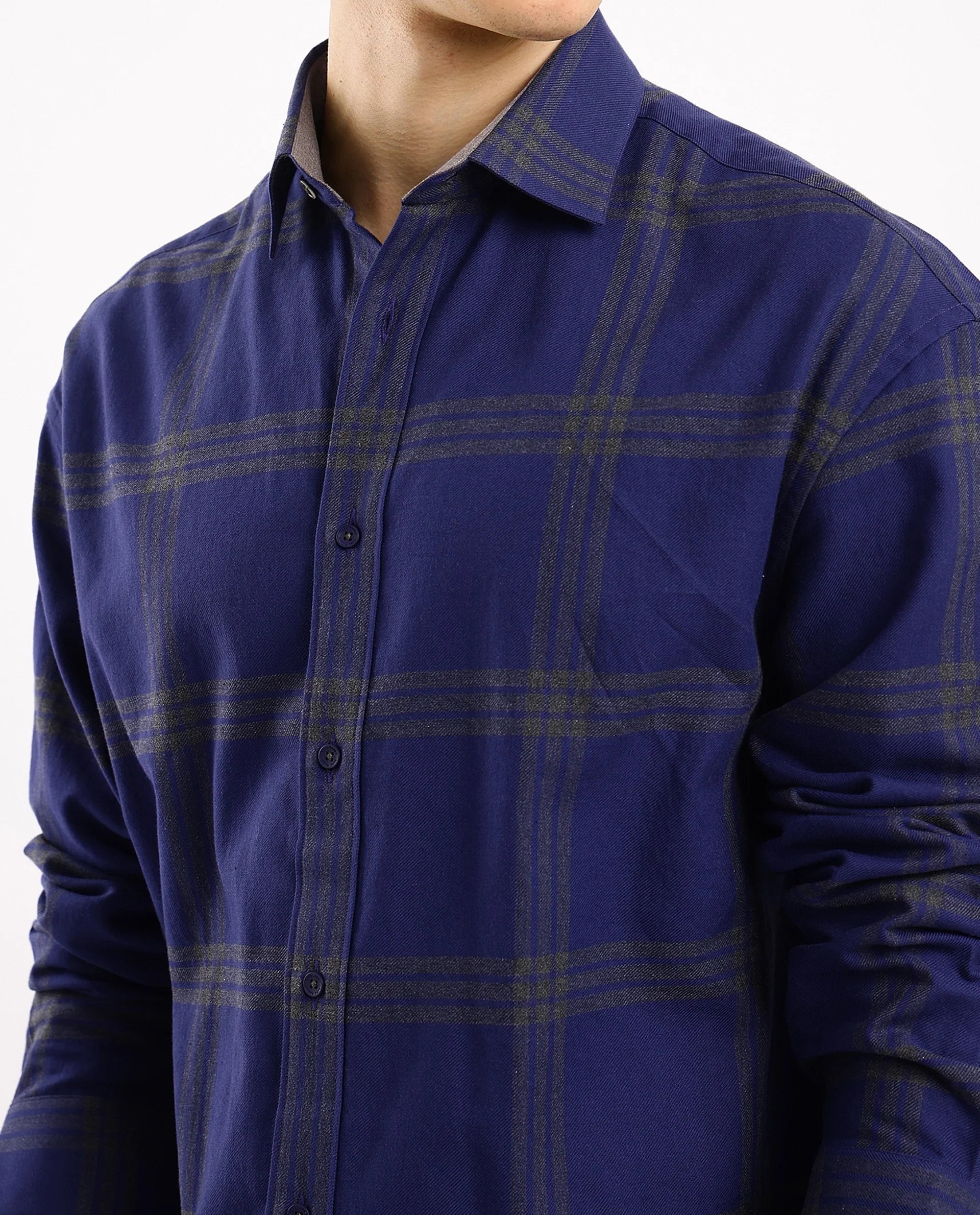 Rare Rabbit Men Russ Dark Blue Full Sleeve Regular Collar Button Closure Regular Fit Checks Shirt