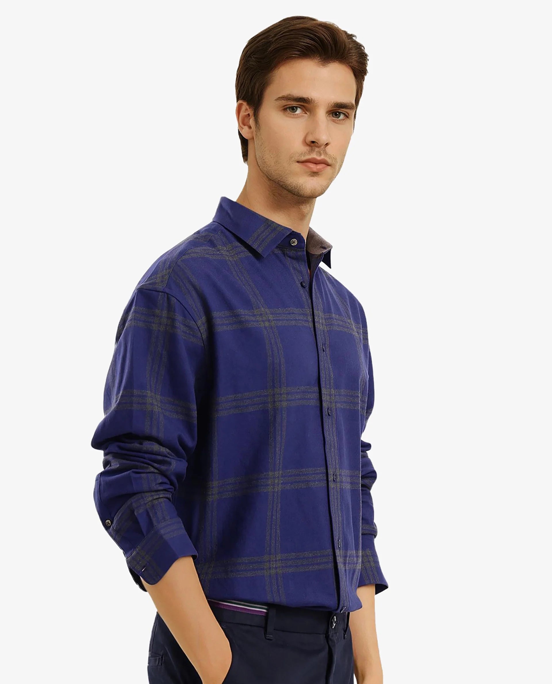 Rare Rabbit Men Russ Dark Blue Full Sleeve Regular Collar Button Closure Regular Fit Checks Shirt