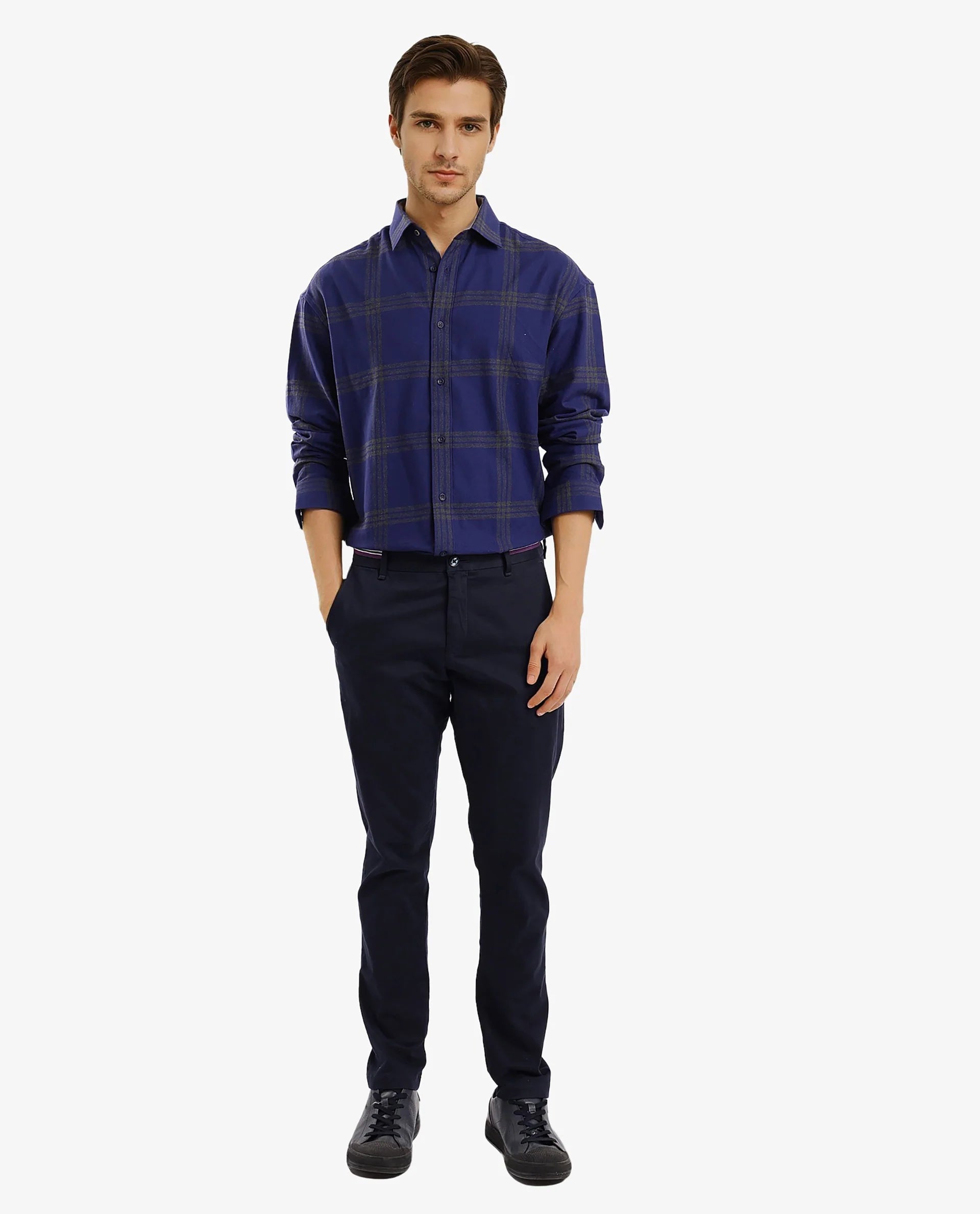 Rare Rabbit Men Russ Dark Blue Full Sleeve Regular Collar Button Closure Regular Fit Checks Shirt