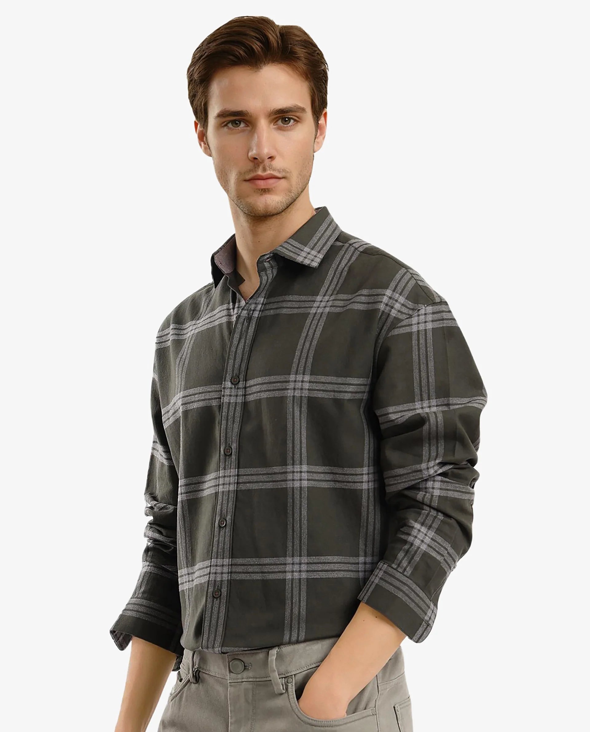 Rare Rabbit Men Russ Dark Green Full Sleeve Regular Collar Button Closure Regular Fit Checks Shirt