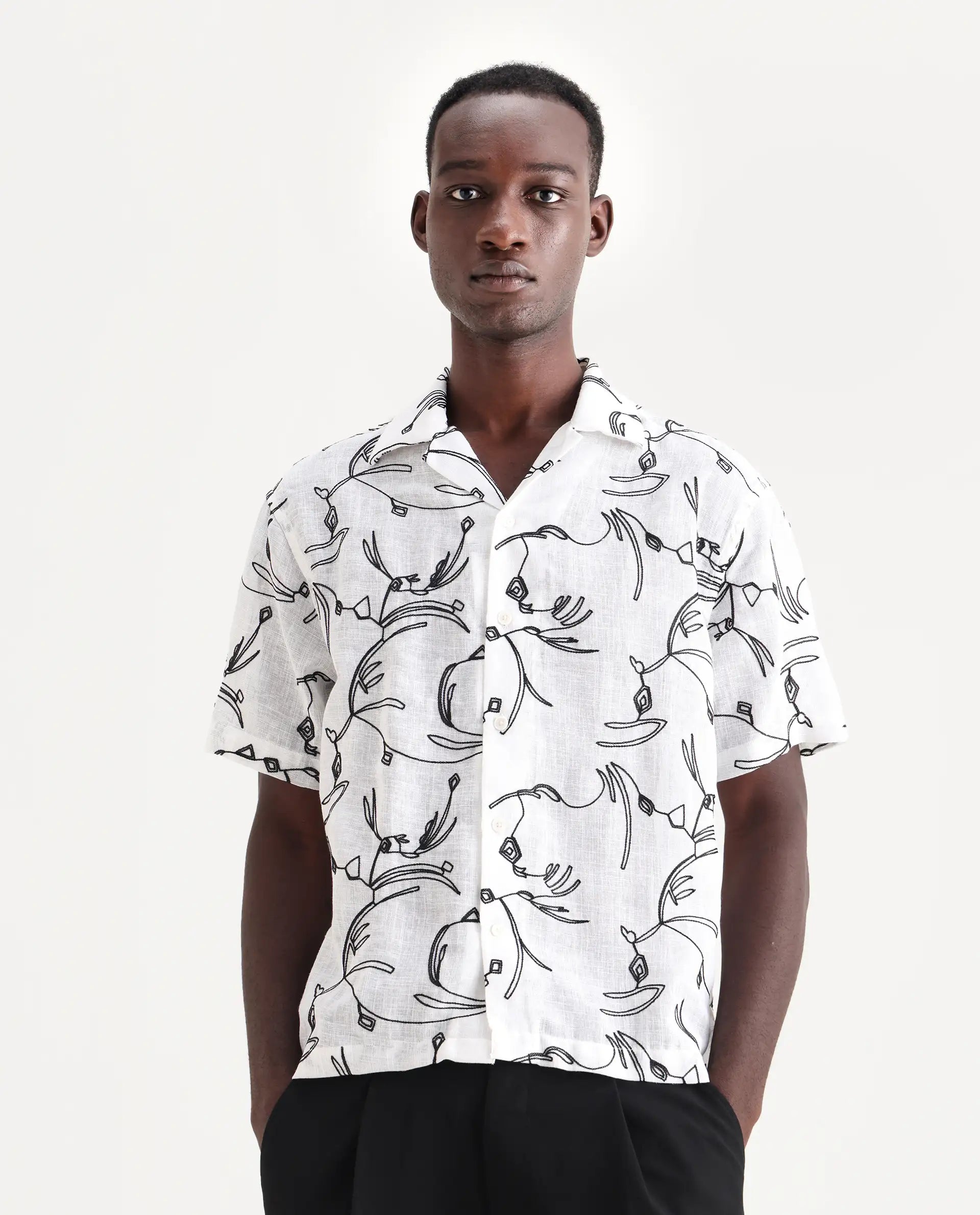 Rare Rabbit Men's Rus White Cotton Embroidered Boxy Fit Half Sleeve Cuban Collar Shirt