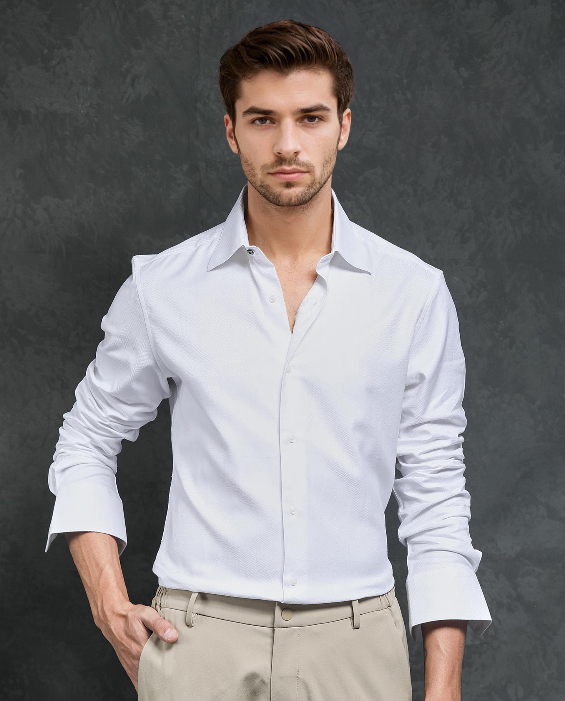 Rare Rabbit Men's Ruther White Cotton Fabric Full Sleeves Herringbone Solid Shirt