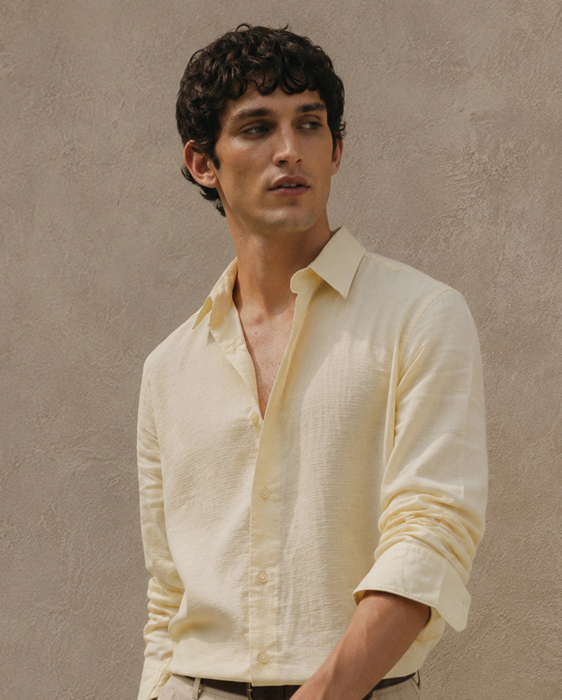 Rare Rabbit Men's Ryv Light Yellow Cotton Spread Collar Button Regular Plain Shirt