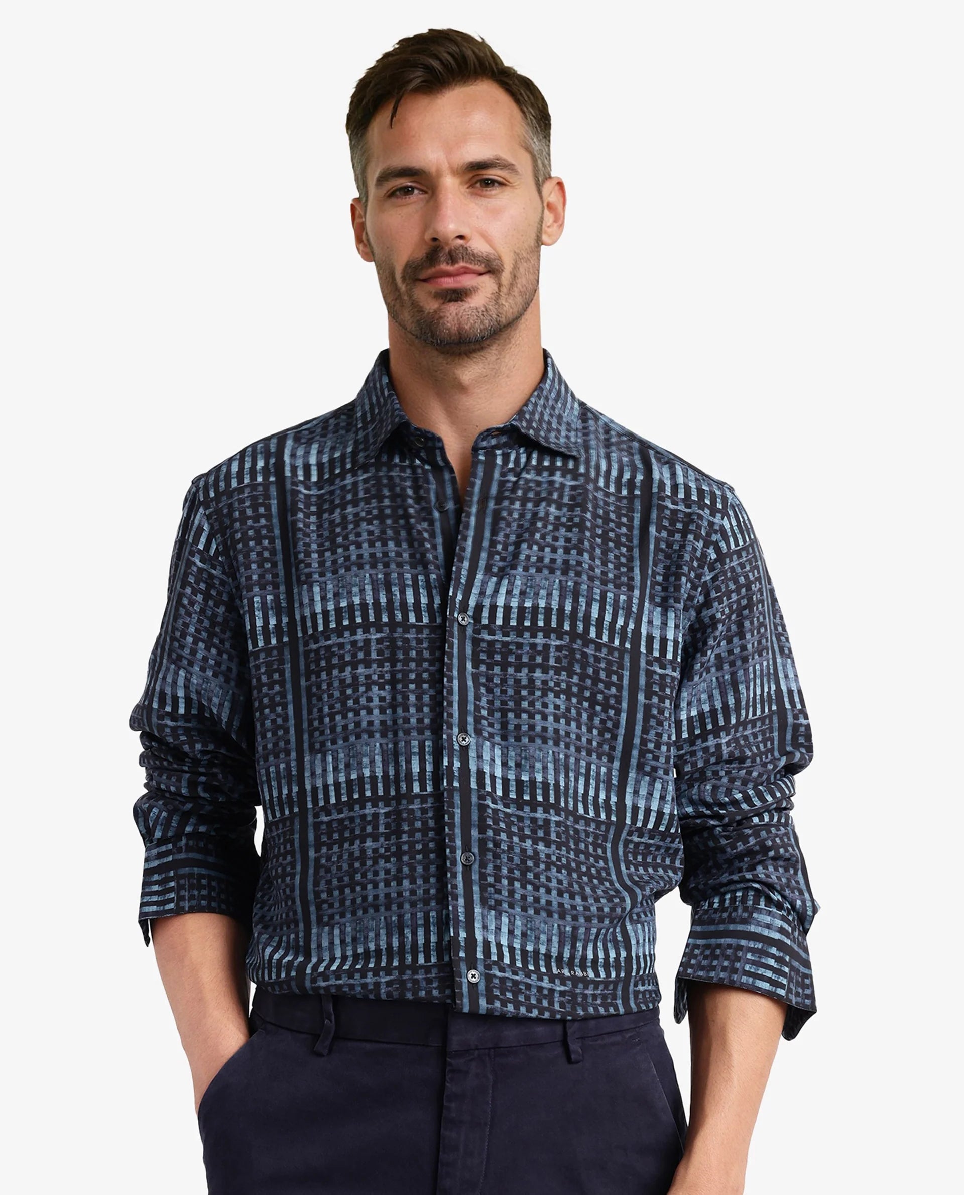 Rare Rabbit Men Ryba Blue Full Sleeve Collared Neck Button Closure Geometric Print Shirt