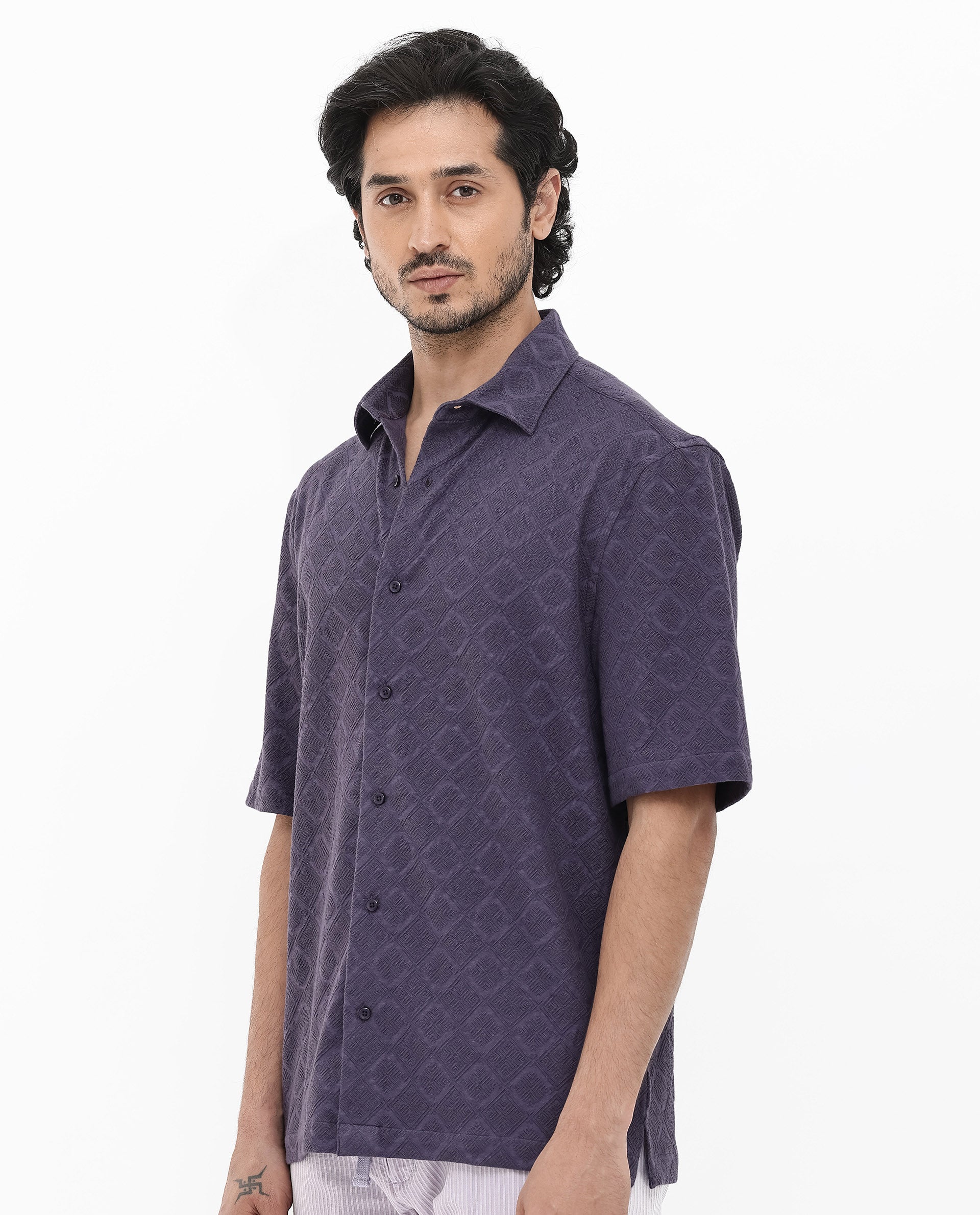 Rare Rabbit Mens Ryker Dusky Purple Cotton Polyester Fabric Blend Short Sleeve Boxy Fit Jacquard Shirt