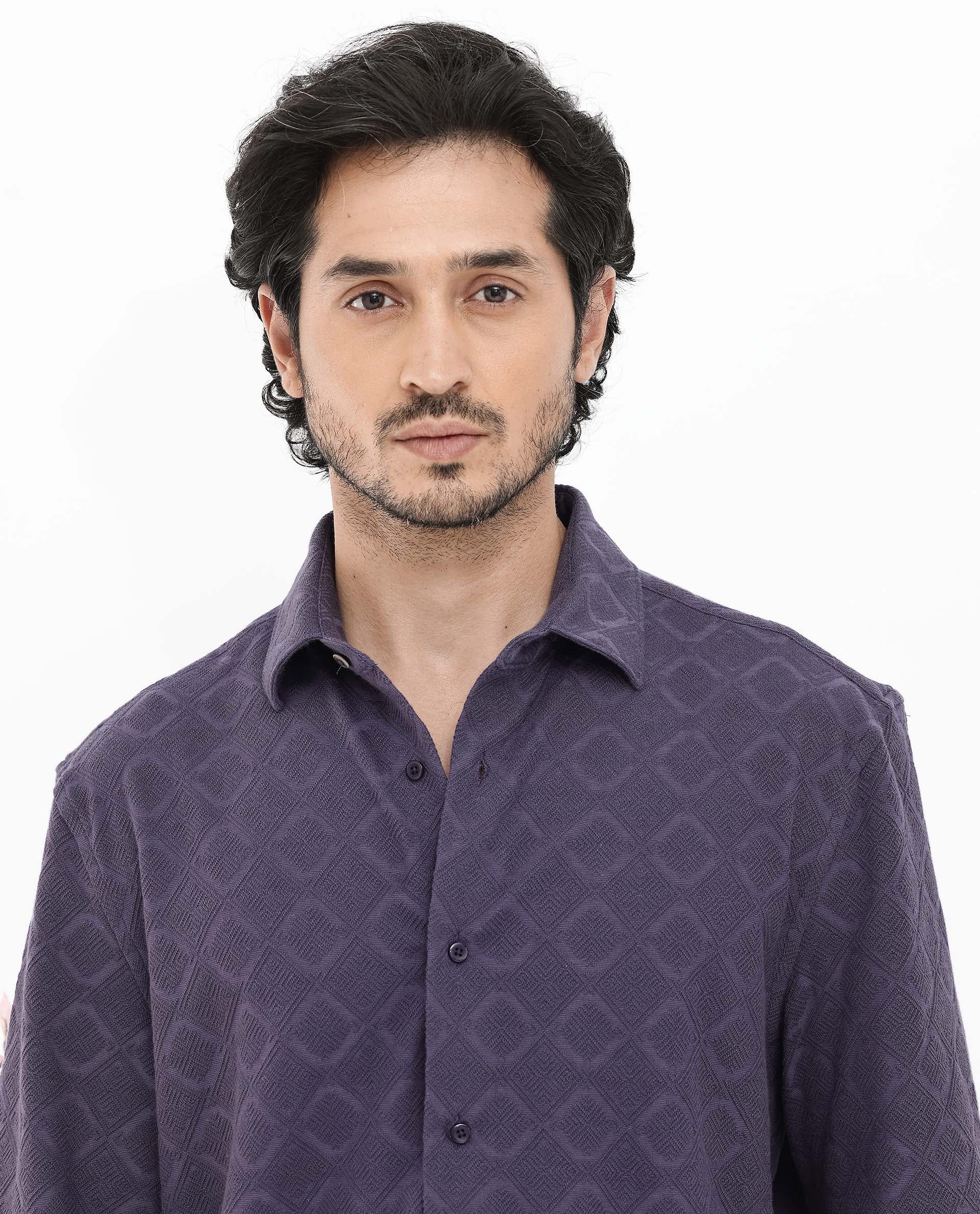 Rare Rabbit Mens Ryker Dusky Purple Cotton Polyester Fabric Blend Short Sleeve Boxy Fit Jacquard Shirt