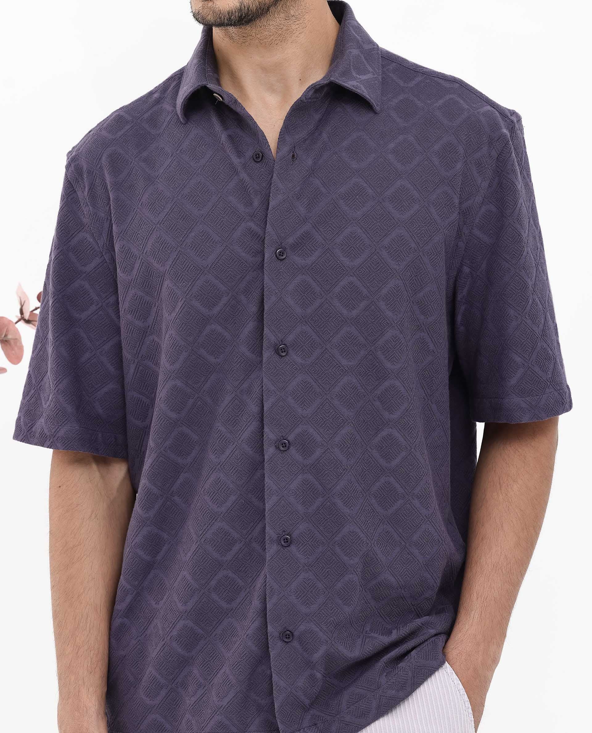 Rare Rabbit Mens Ryker Dusky Purple Cotton Polyester Fabric Blend Short Sleeve Boxy Fit Jacquard Shirt
