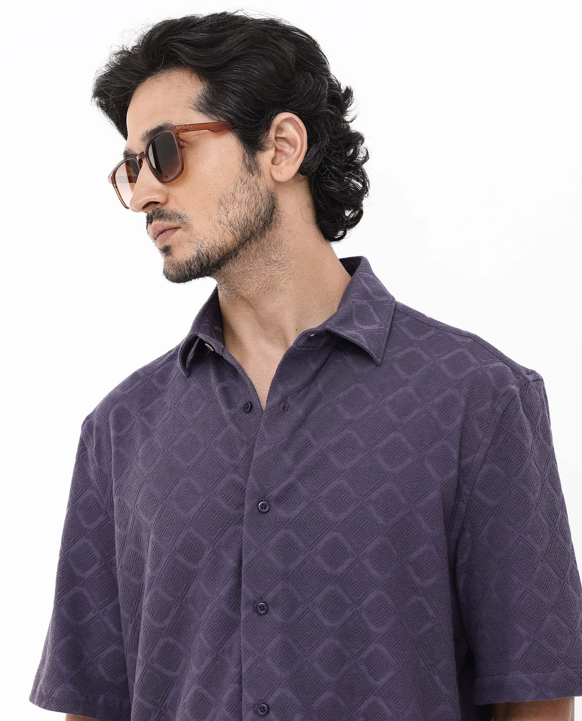 Rare Rabbit Mens Ryker Dusky Purple Cotton Polyester Fabric Blend Short Sleeve Boxy Fit Jacquard Shirt