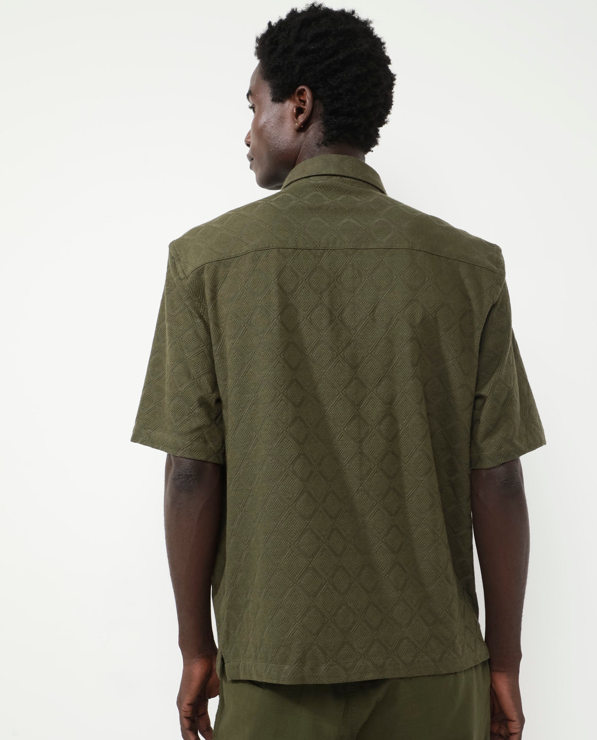 Rare Rabbit Mens Ryker Olive Cotton Polyester Fabric Blend Short Sleeve Boxy Fit Jacquard Shirt