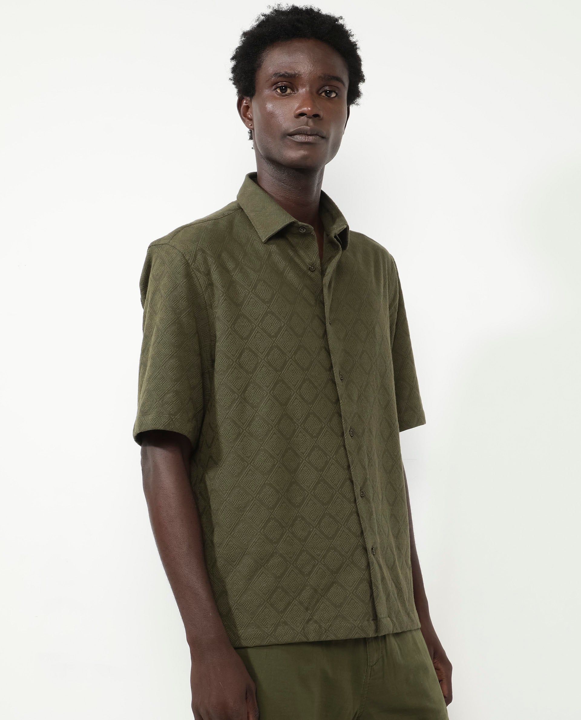 Rare Rabbit Mens Ryker Olive Cotton Polyester Fabric Blend Short Sleeve Boxy Fit Jacquard Shirt