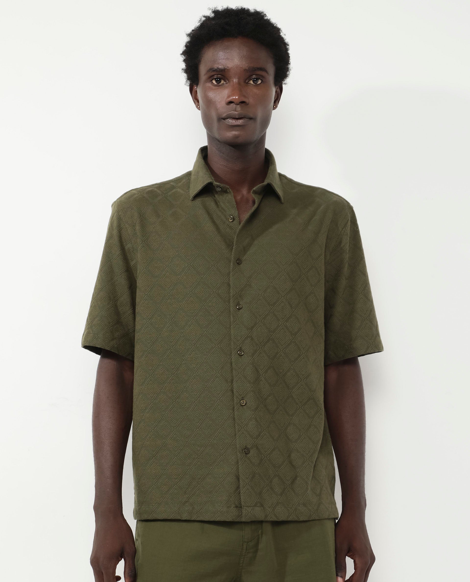Rare Rabbit Mens Ryker Olive Cotton Polyester Fabric Blend Short Sleeve Boxy Fit Jacquard Shirt