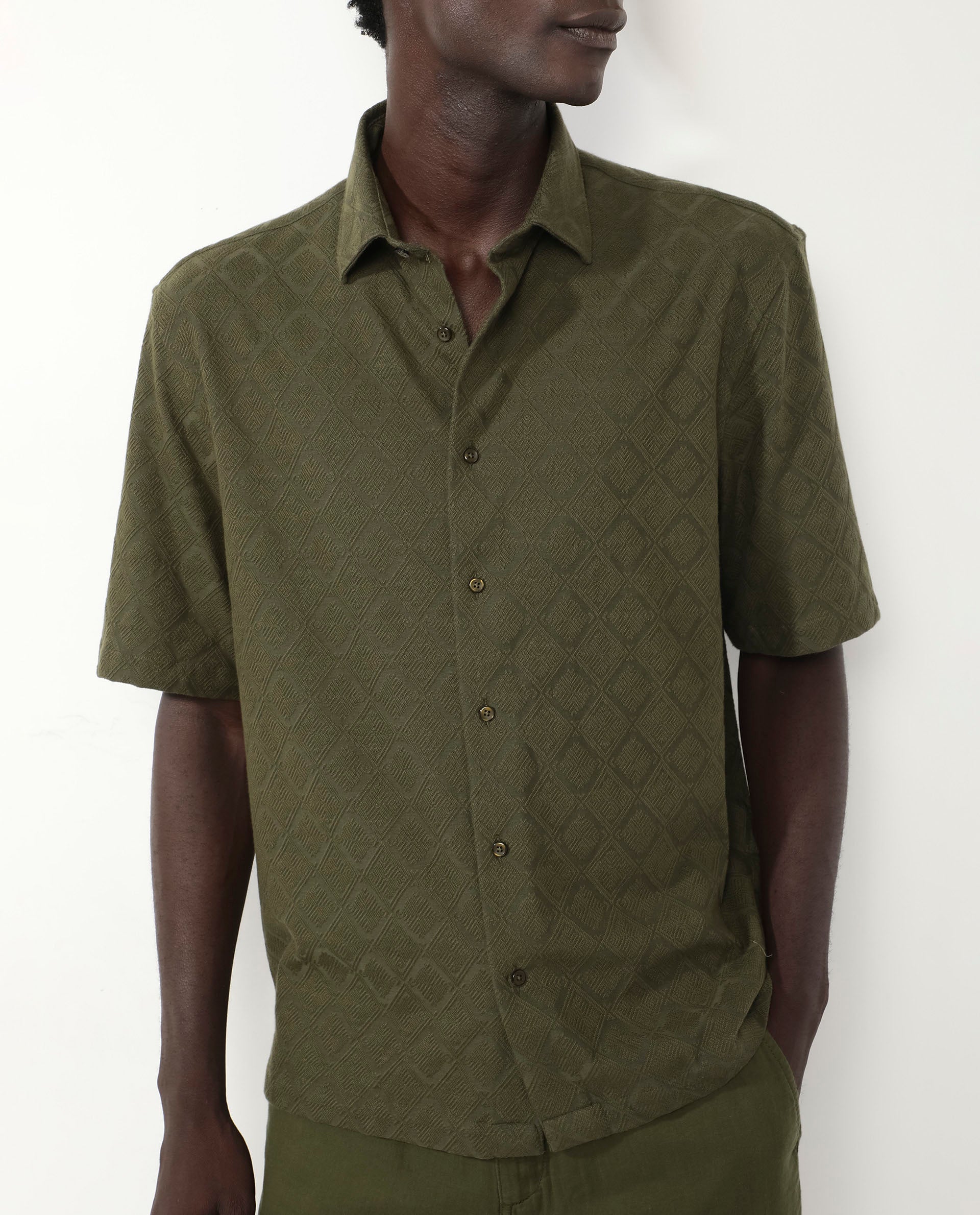Rare Rabbit Mens Ryker Olive Cotton Polyester Fabric Blend Short Sleeve Boxy Fit Jacquard Shirt