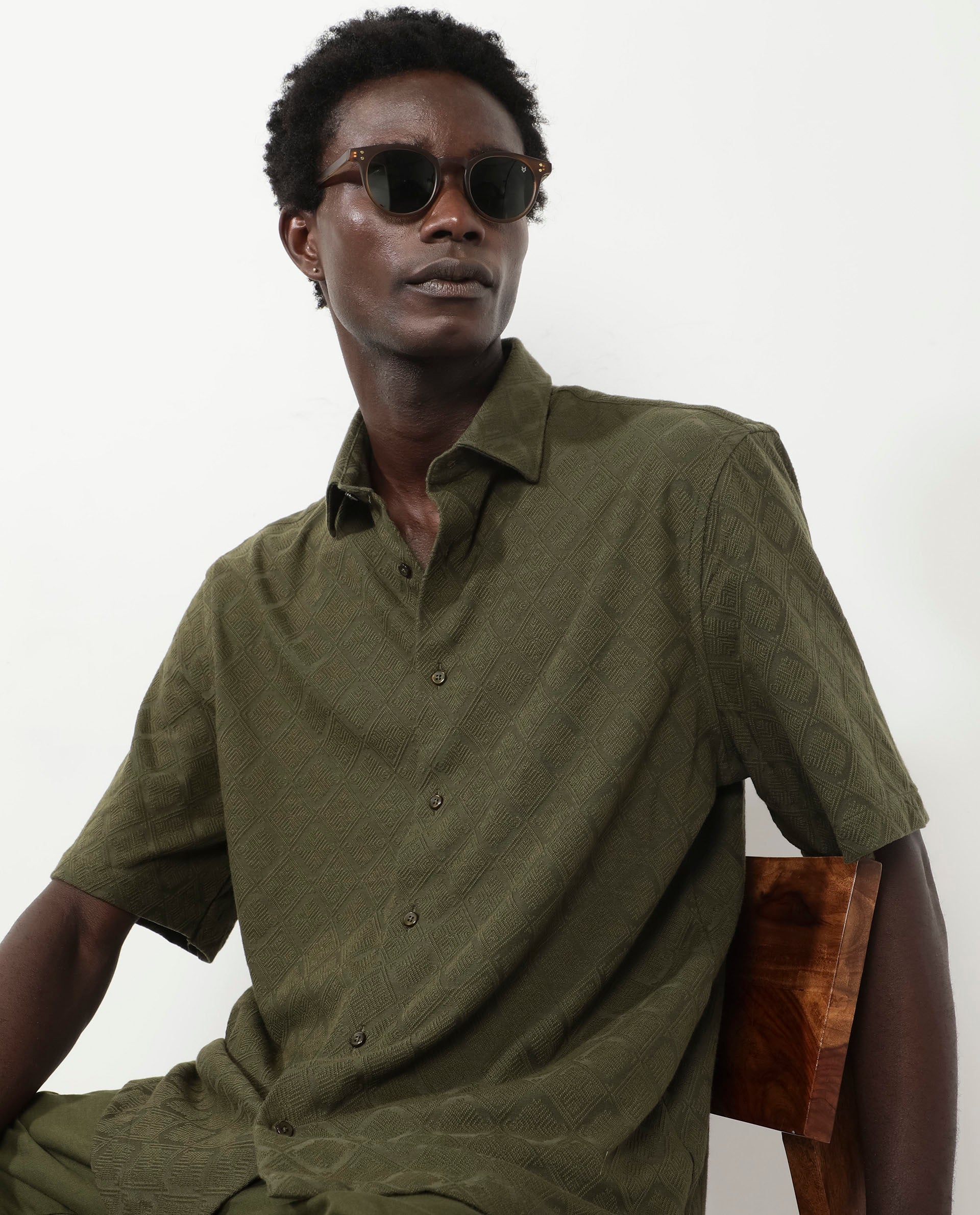 Rare Rabbit Mens Ryker Olive Cotton Polyester Fabric Blend Short Sleeve Boxy Fit Jacquard Shirt