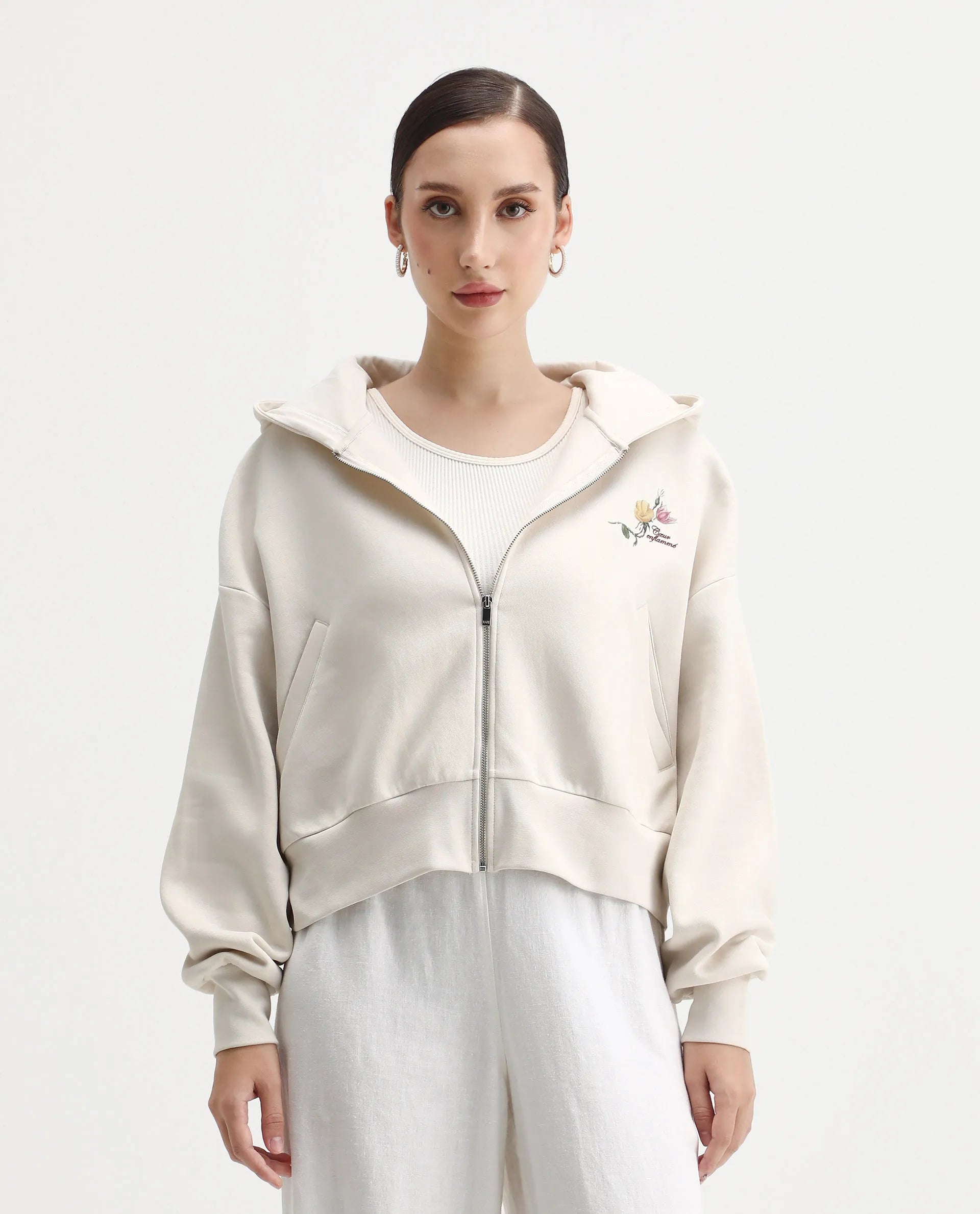 Rareism Women's Slio Light Beige Cotton Blend Hooded Oversize Fit Floral Print Sweatshirt