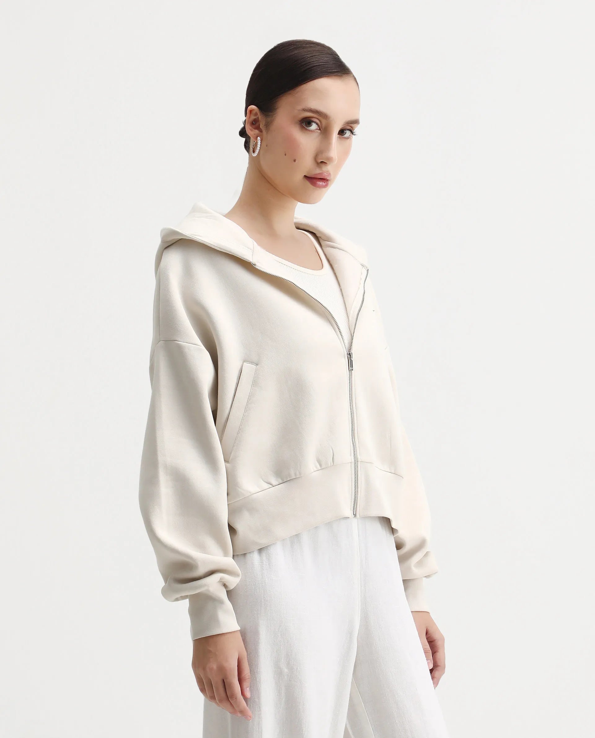 Rareism Women's Slio Light Beige Cotton Blend Hooded Oversize Fit Floral Print Sweatshirt