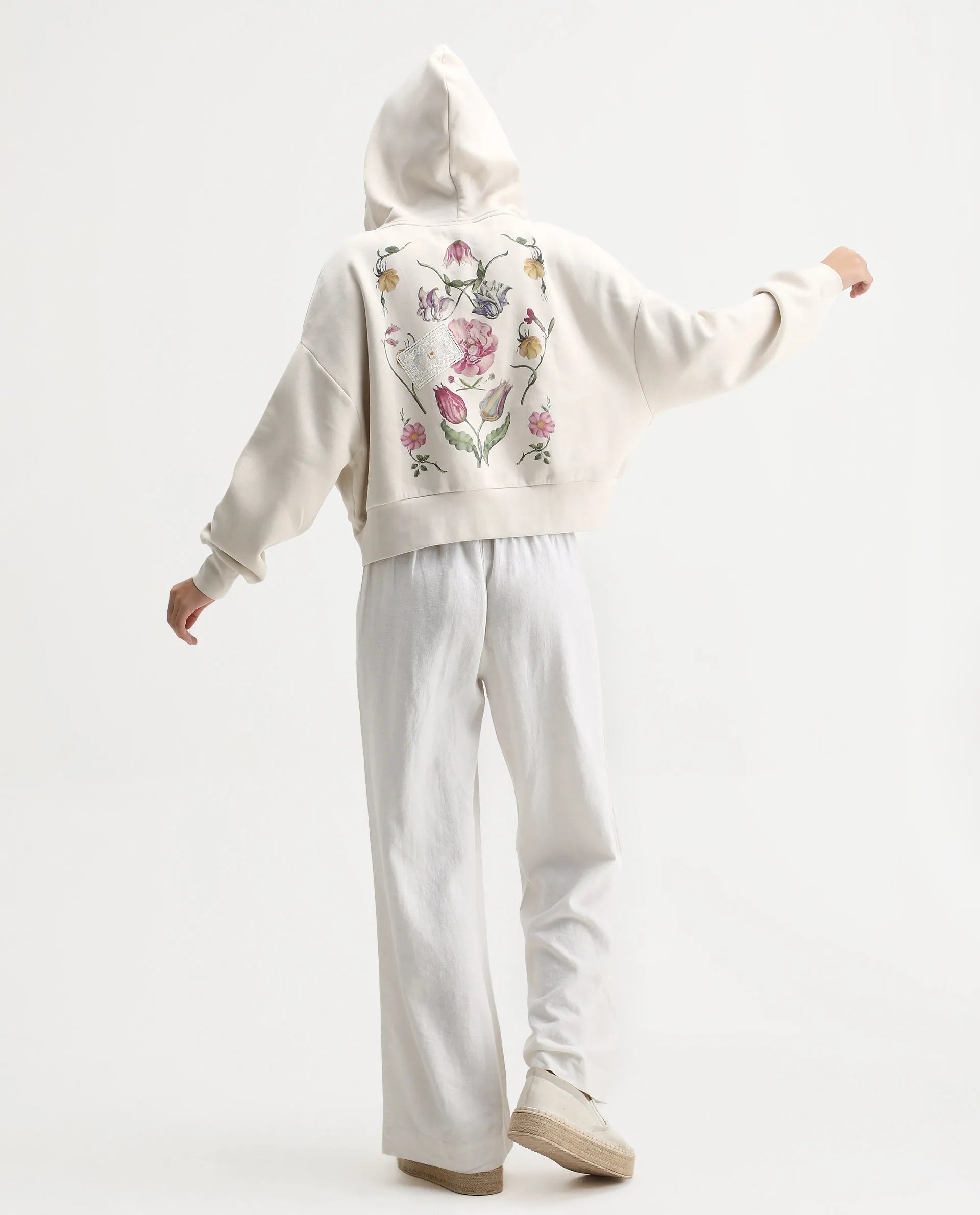 Rareism Women's Slio Light Beige Cotton Blend Hooded Oversize Fit Floral Print Sweatshirt