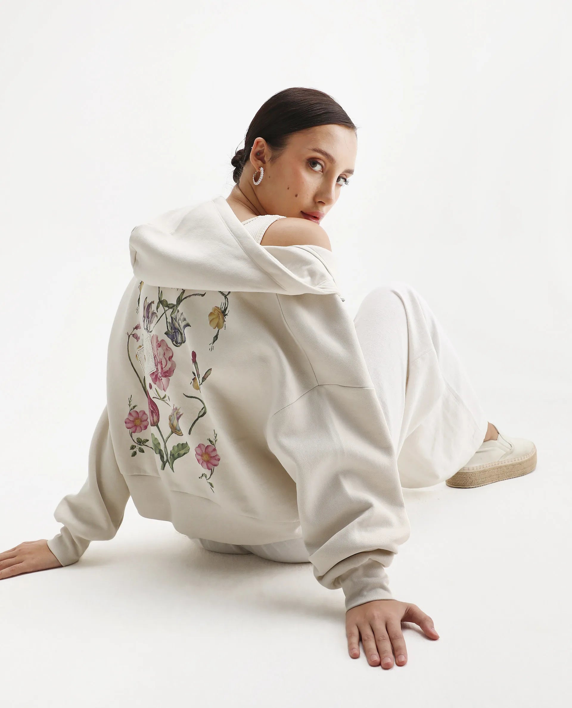 Rareism Women's Slio Light Beige Cotton Blend Hooded Oversize Fit Floral Print Sweatshirt