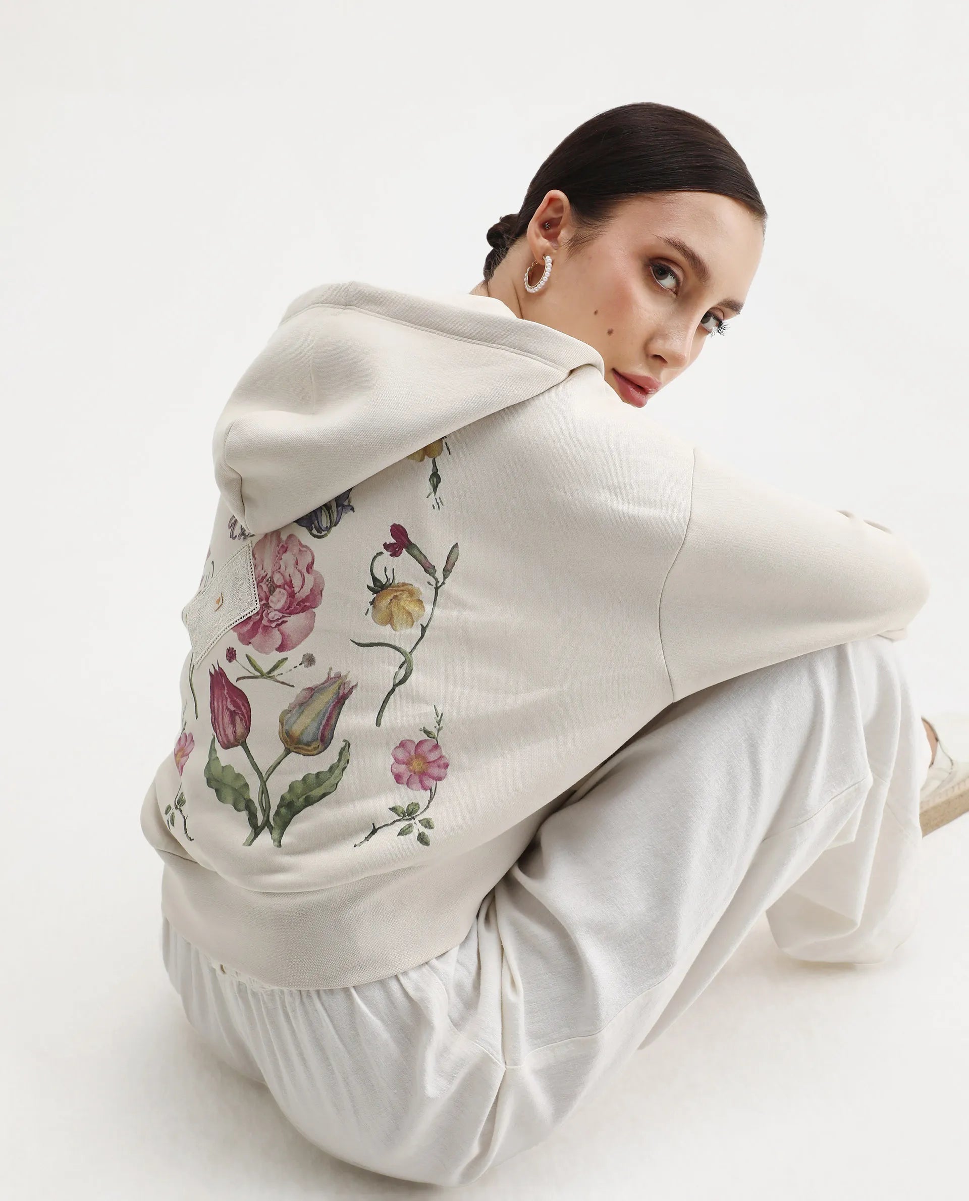 Rareism Women's Slio Light Beige Cotton Blend Hooded Oversize Fit Floral Print Sweatshirt