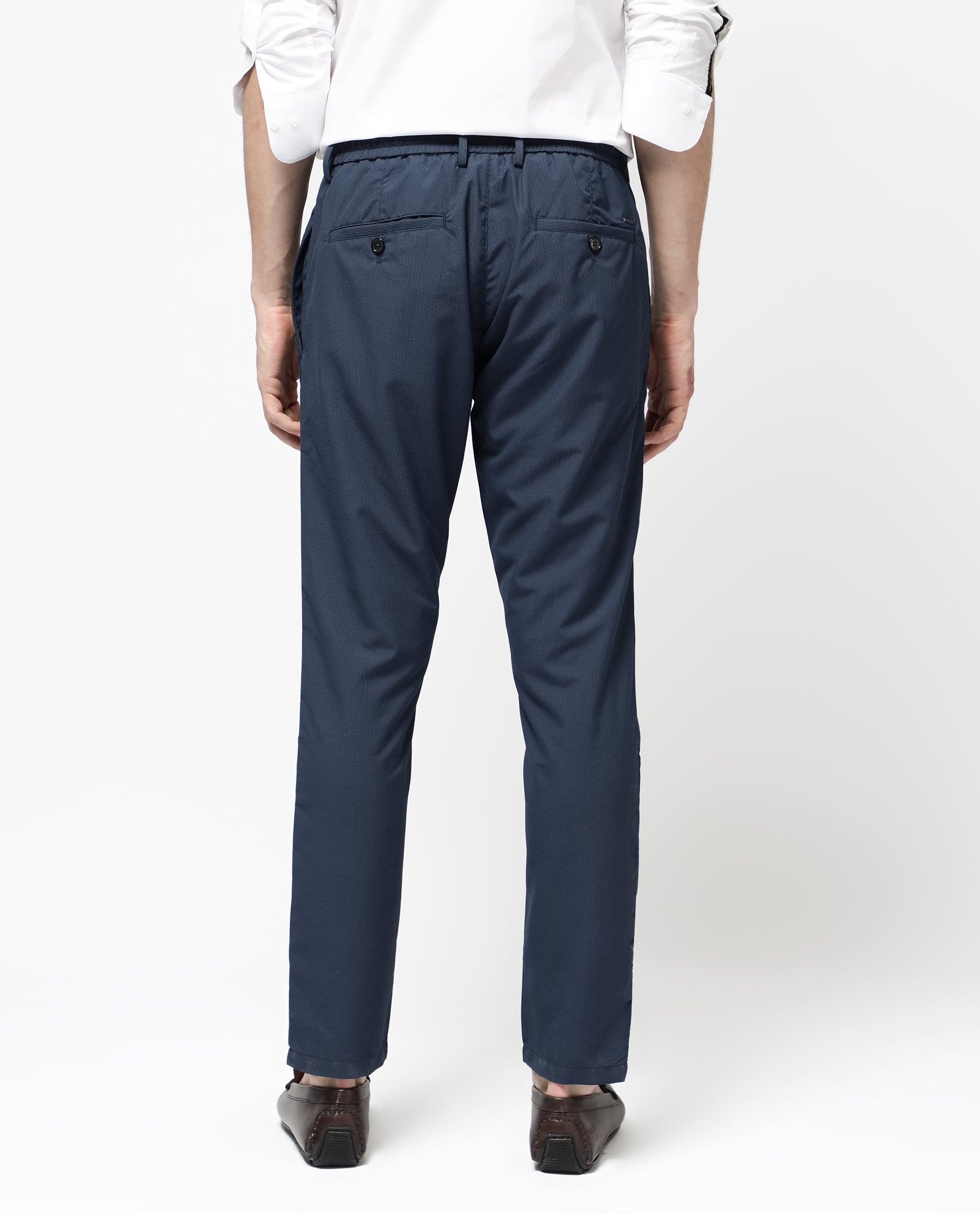 Rare Rabbit Men's Saco Navy Polyester Fabric Regular Fit Drawstring Closure Seersucker Trouser