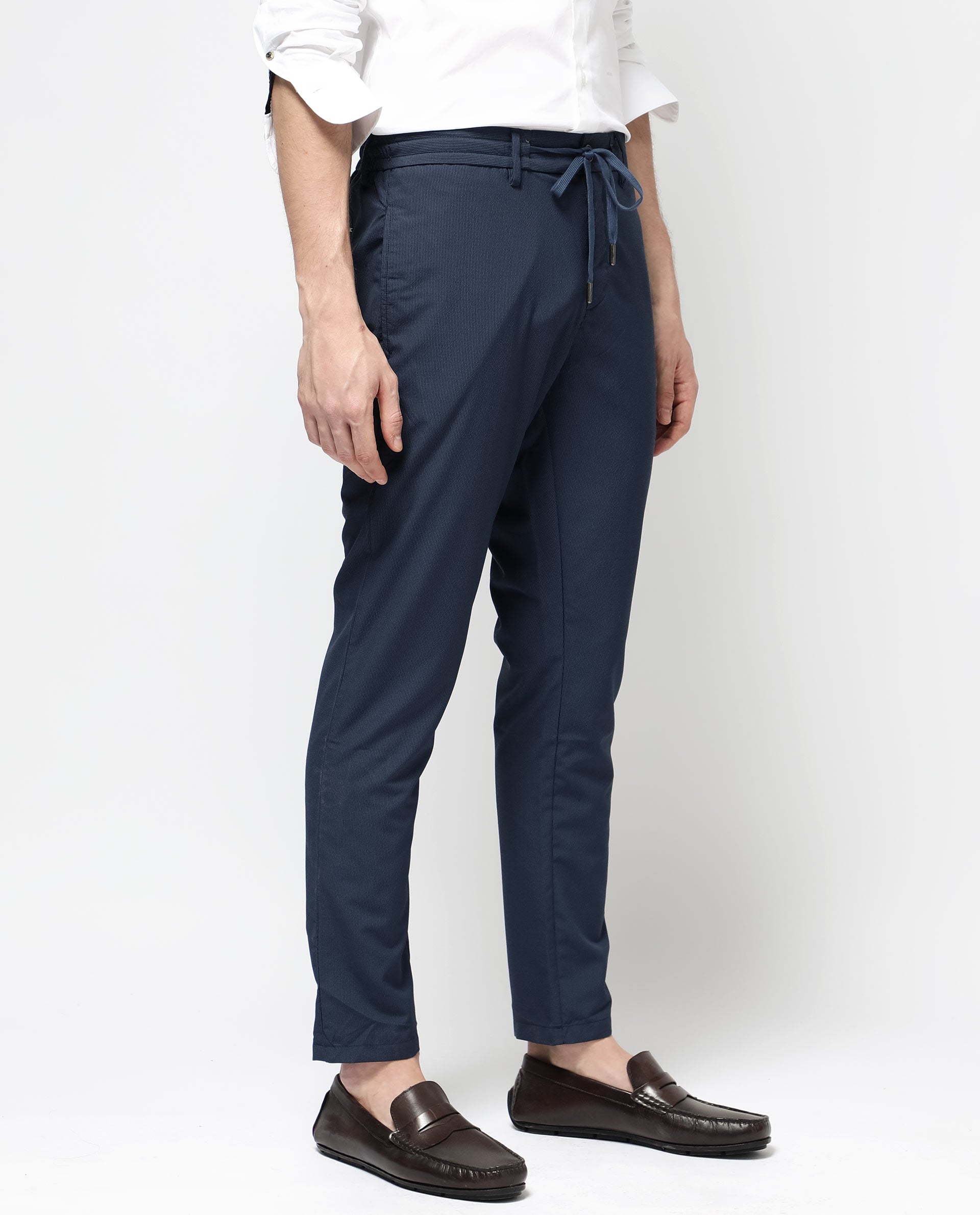 Rare Rabbit Men's Saco Navy Polyester Fabric Regular Fit Drawstring Closure Seersucker Trouser