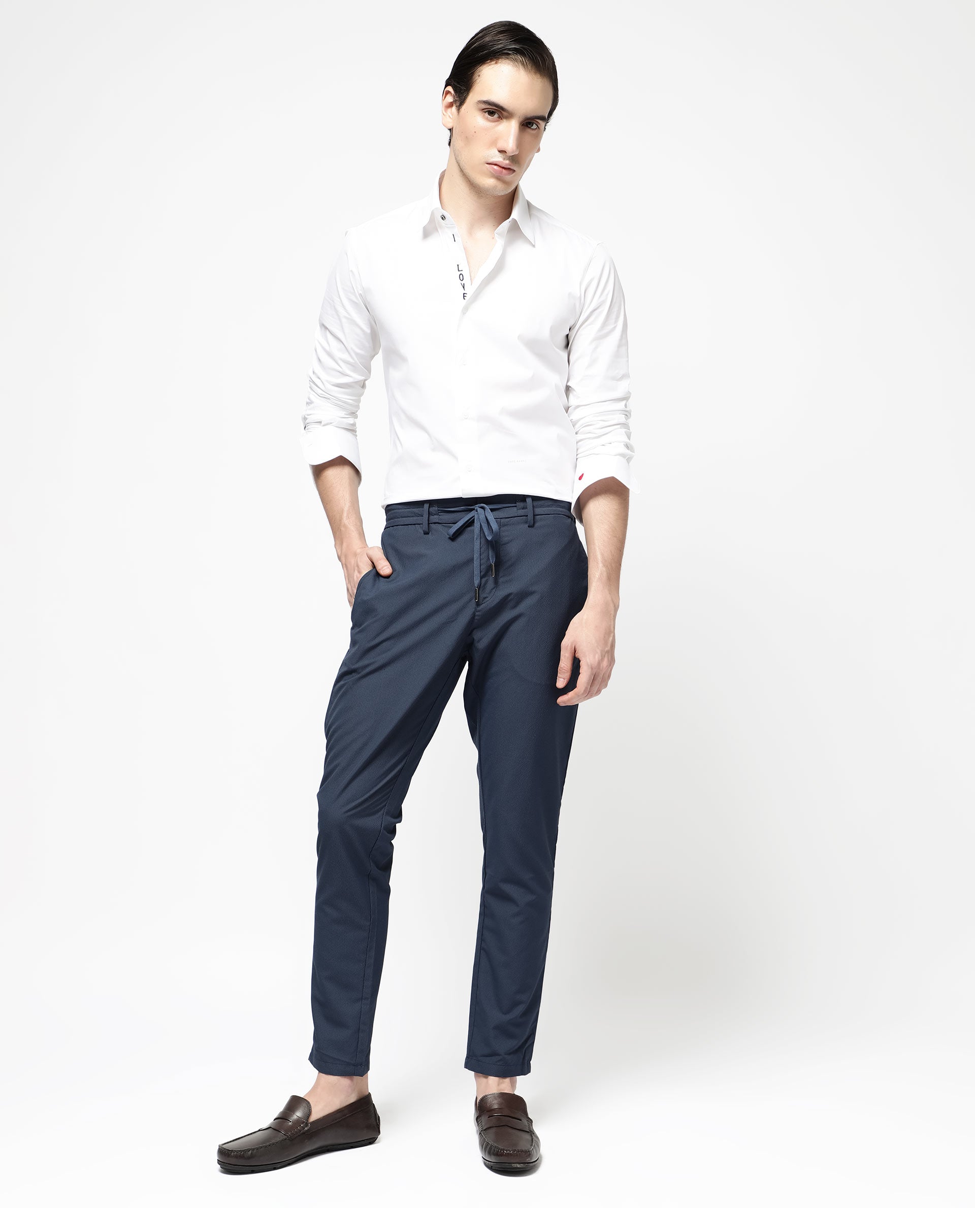 Rare Rabbit Men's Saco Navy Polyester Fabric Regular Fit Drawstring Closure Seersucker Trouser