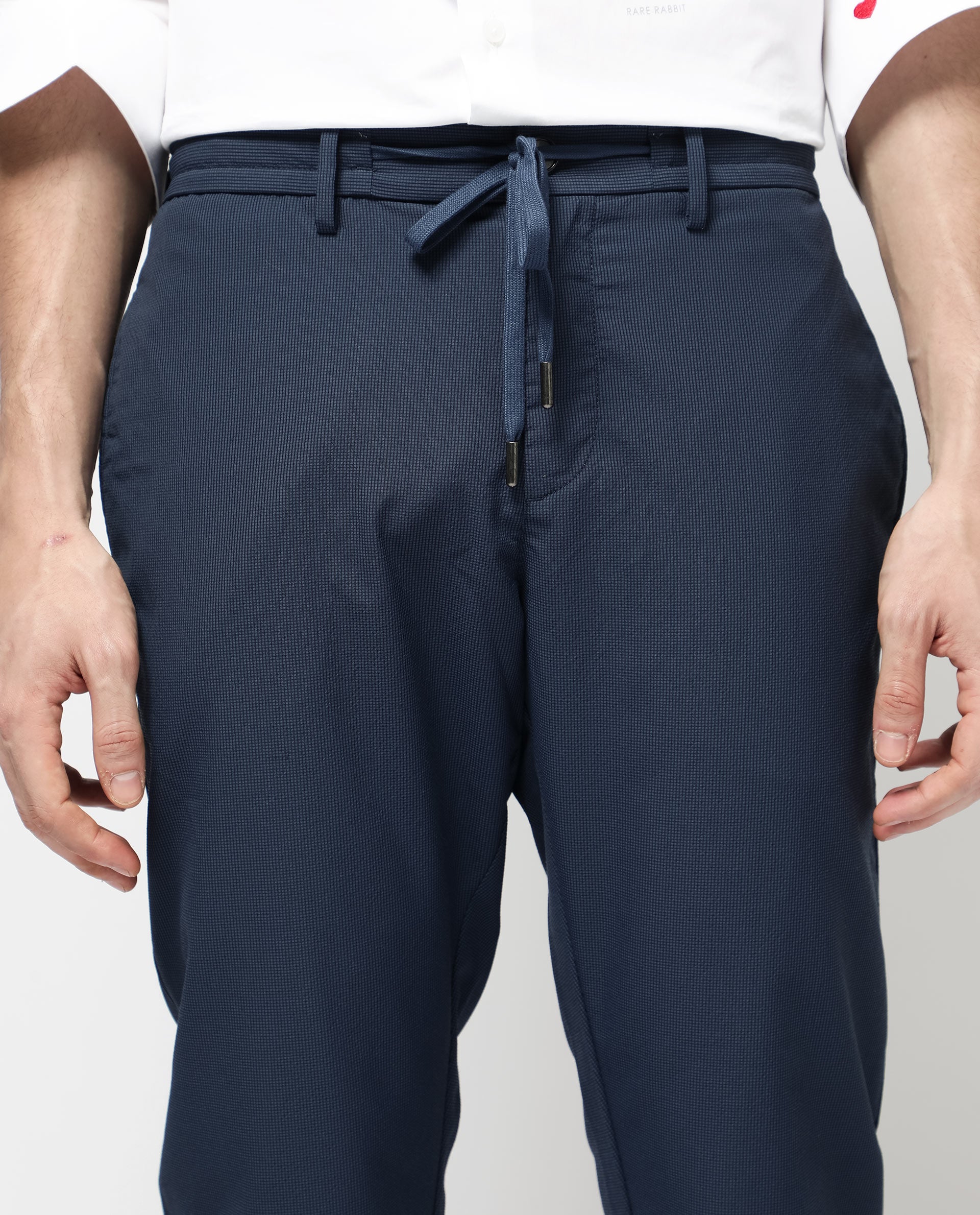 Rare Rabbit Men's Saco Navy Polyester Fabric Regular Fit Drawstring Closure Seersucker Trouser