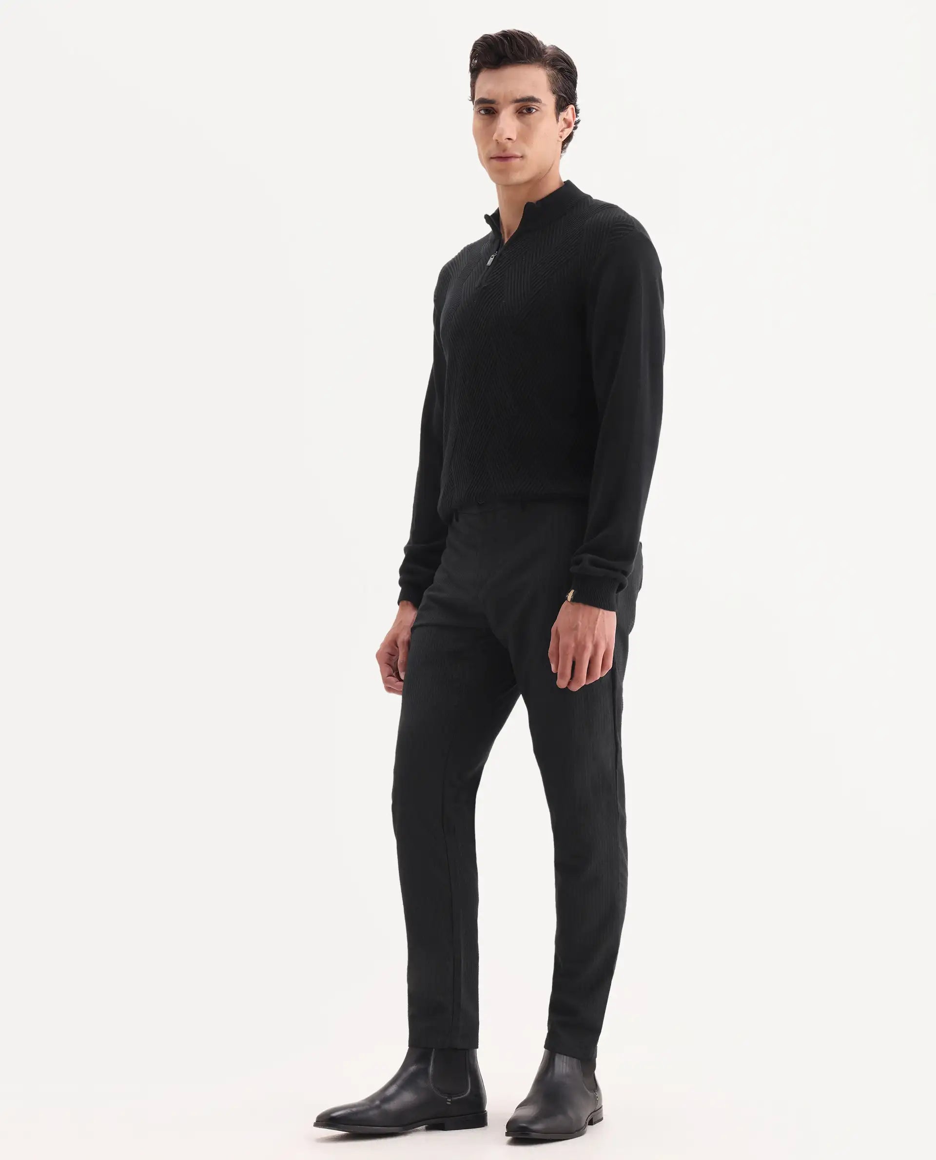 Rare Rabbit Men's Sacon Black Polyester Textured Regular Fit Trouser