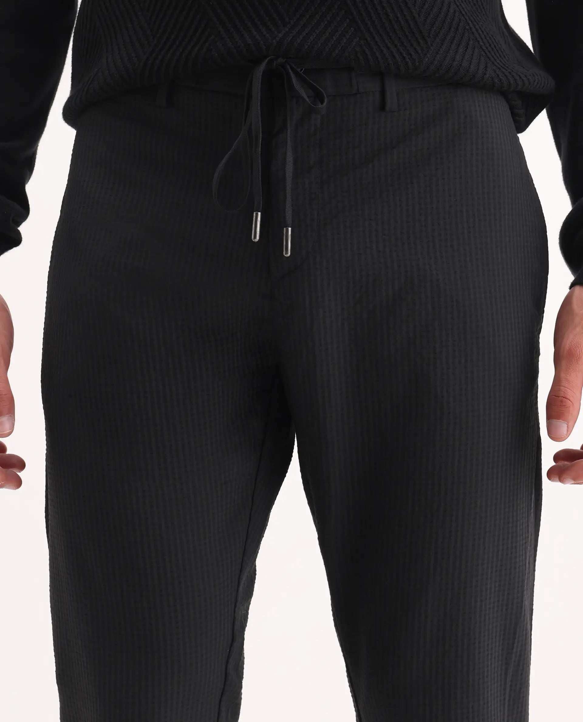 Rare Rabbit Men's Sacon Black Polyester Textured Regular Fit Trouser