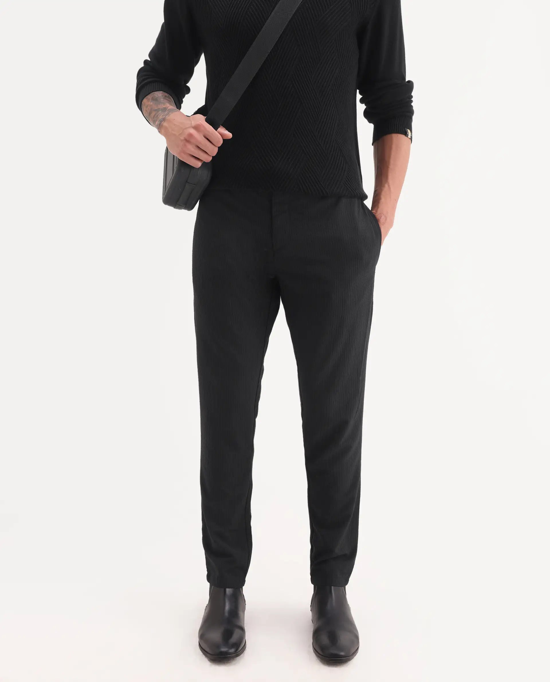 Rare Rabbit Men's Sacon Black Polyester Textured Regular Fit Trouser