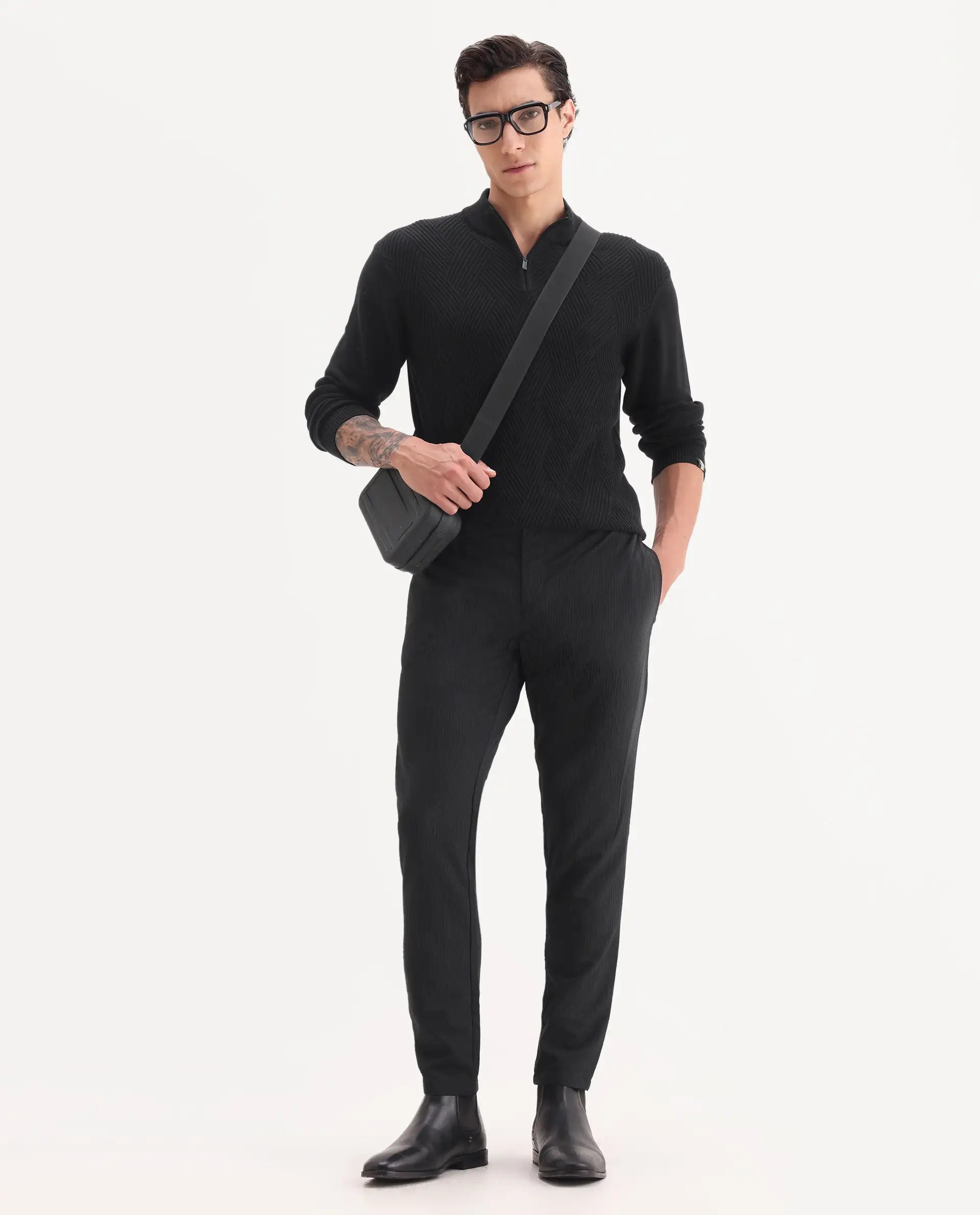 Rare Rabbit Men's Sacon Black Polyester Textured Regular Fit Trouser