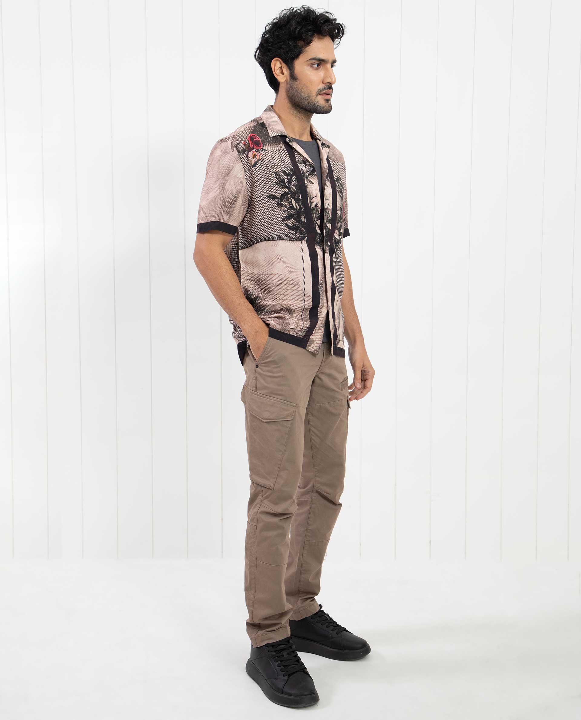 Rare Rabbit Men's Sagua Beige Viscose Fabric Cuban Collar Floral Print Half Sleeves Shirt