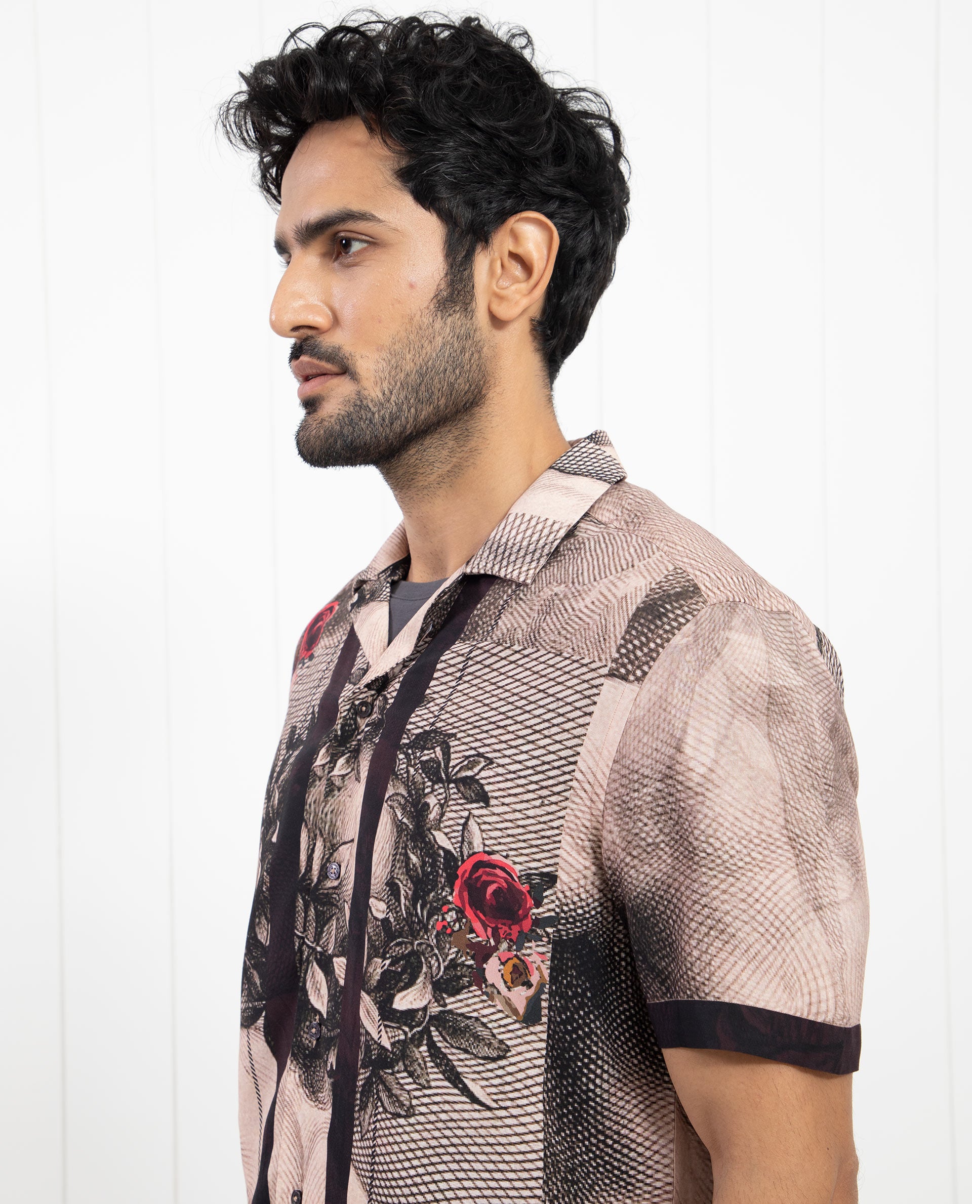 Rare Rabbit Men's Sagua Beige Viscose Fabric Cuban Collar Floral Print Half Sleeves Shirt