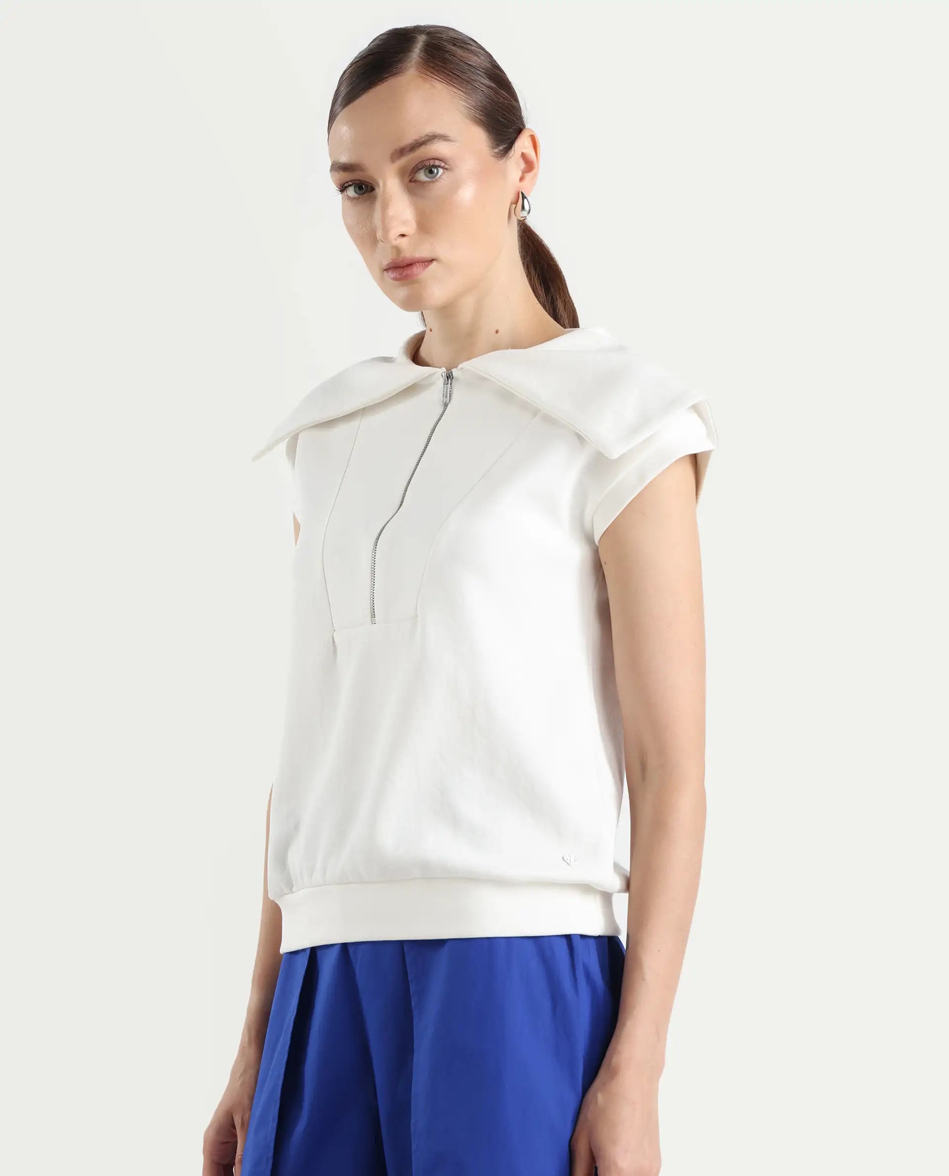 Rareism Women's Sail Off White Cotton Blend Spread Collar Plain Extended Sleeves Relaxed Fit Sweatshirt