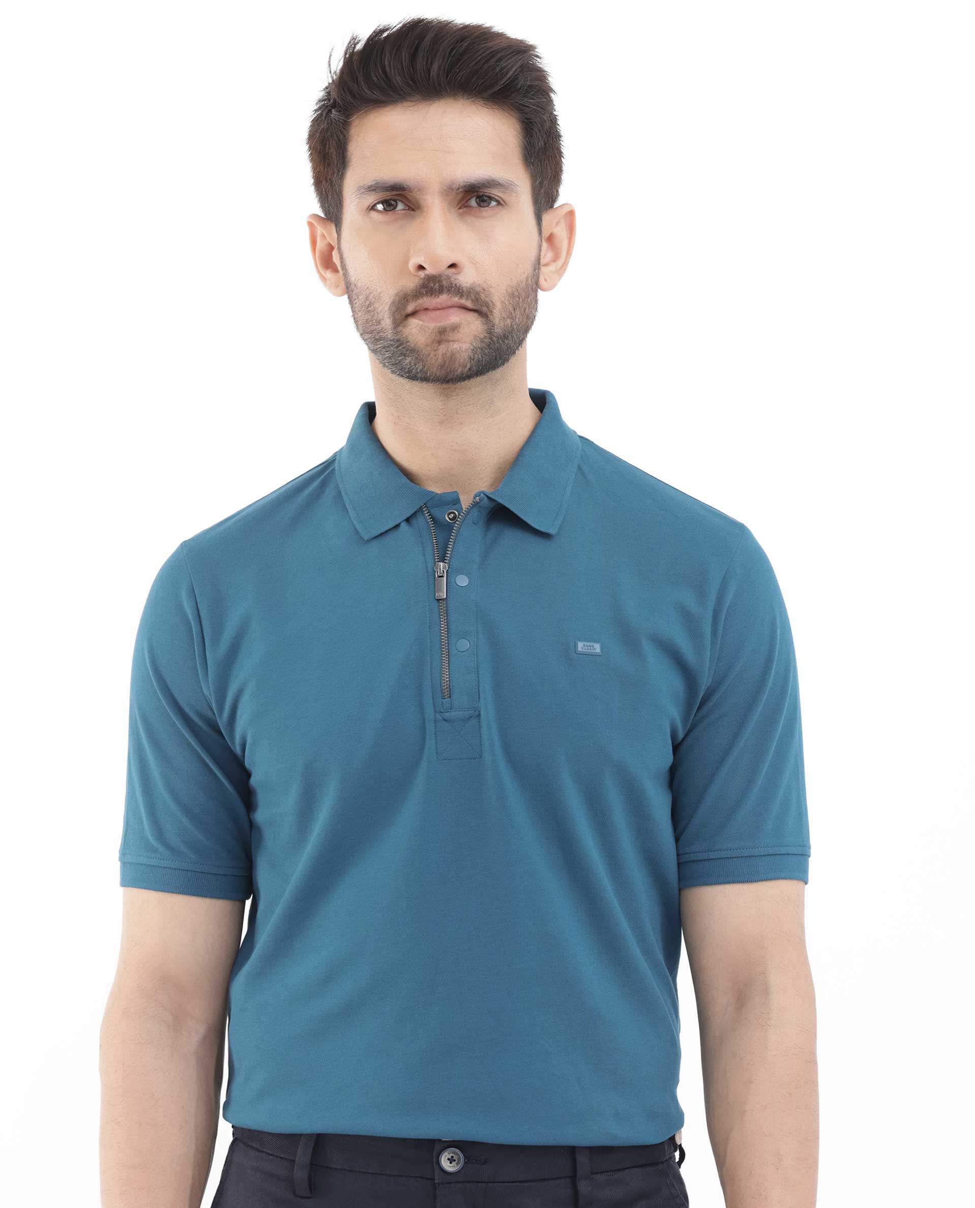 Rare Rabbit Mens Salis-2 Teal Cotton Fabric Collared Neck Zipper And Snap Button Closure Half Sleeves Polo T-Shirt